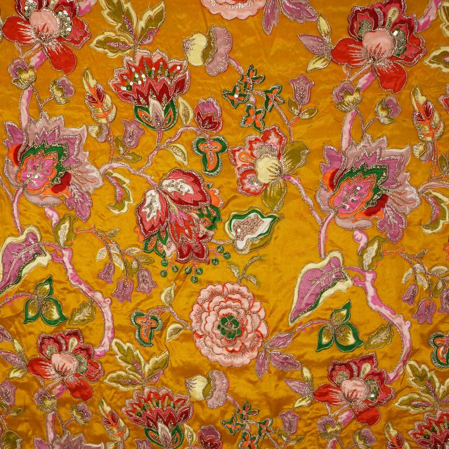 Mustard Yellow Position Print Zari Embroidery Crepe Fabric NF-28010