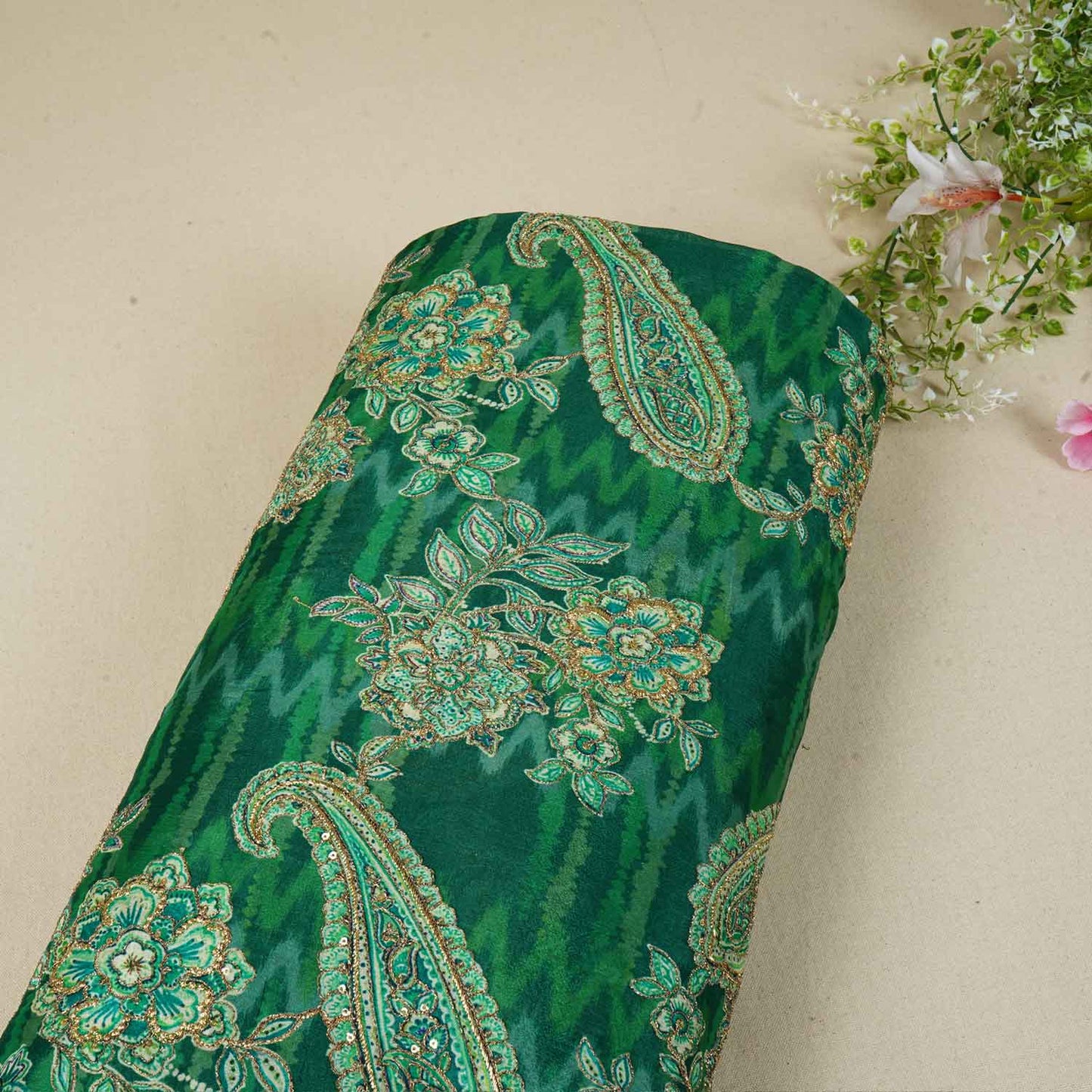 Parrot Green Position Print Zari Embroidery Chinnon Fabric NF-28011