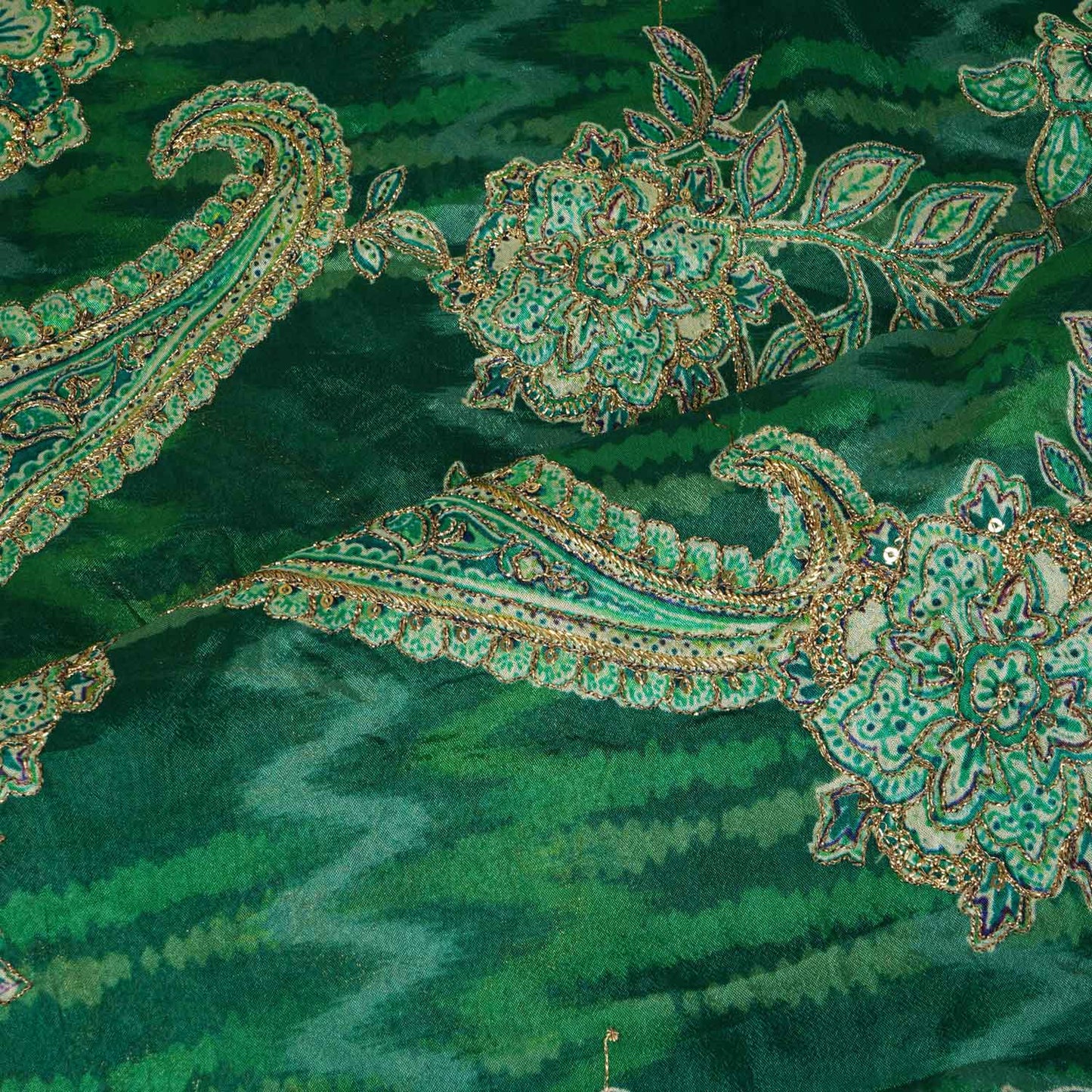 Parrot Green Position Print Zari Embroidery Chinnon Fabric NF-28011