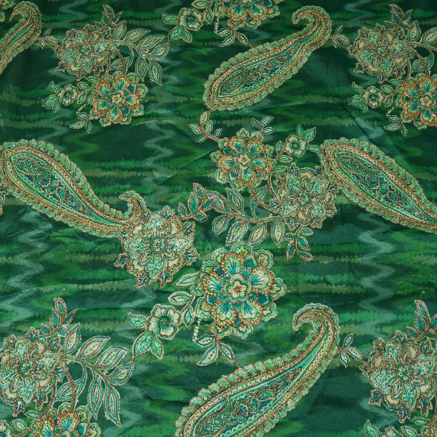 Parrot Green Position Print Zari Embroidery Chinnon Fabric NF-28011
