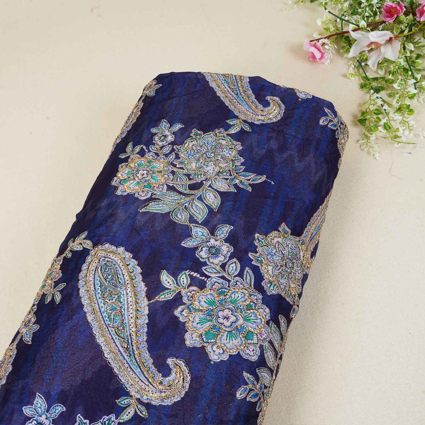 Navy Blue Position Print Zari Embroidery Chinnon Fabric NF-28012