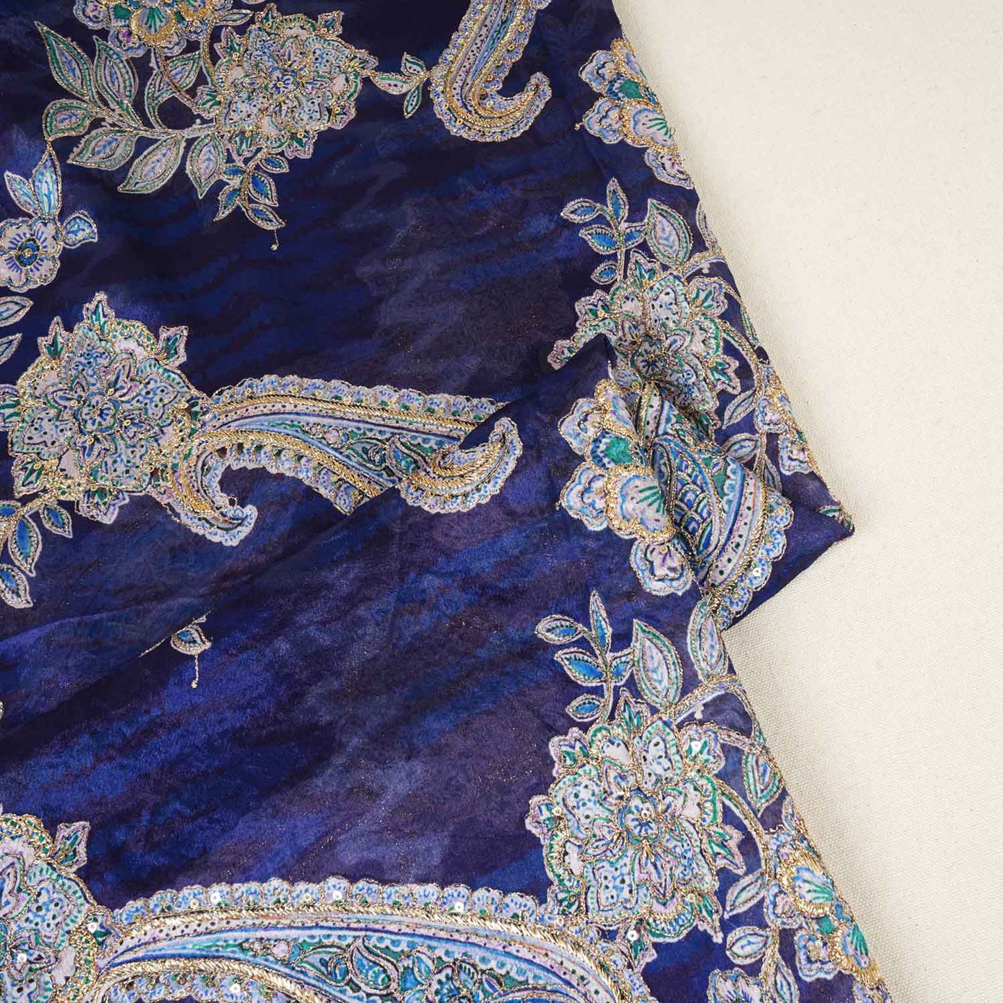 Navy Blue Position Print Zari Embroidery Chinnon Fabric NF-28012