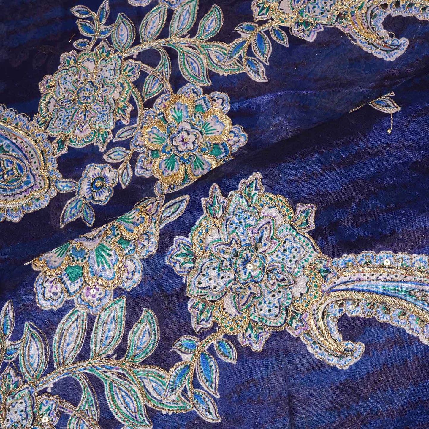 Navy Blue Position Print Zari Embroidery Chinnon Fabric NF-28012