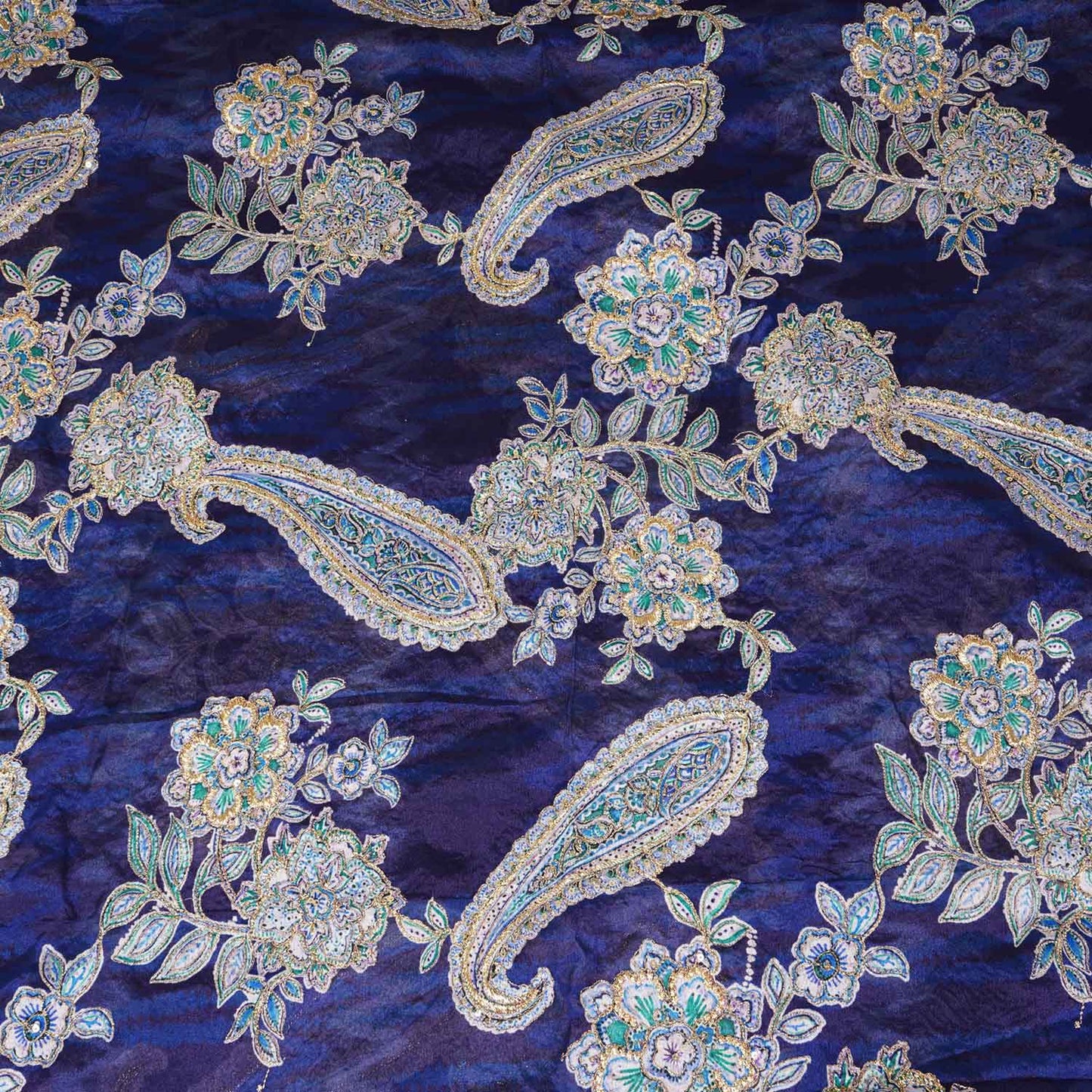 Navy Blue Position Print Zari Embroidery Chinnon Fabric NF-28012
