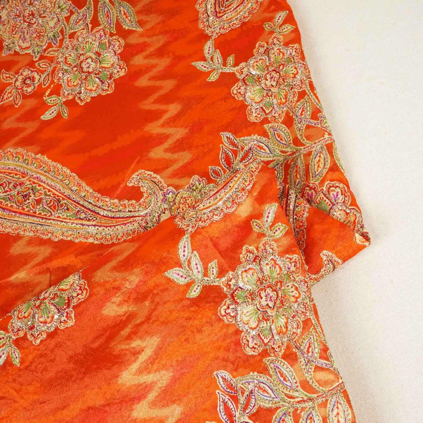 Orange Position Print Zari Embroidery Chinnon Fabric NF-28013