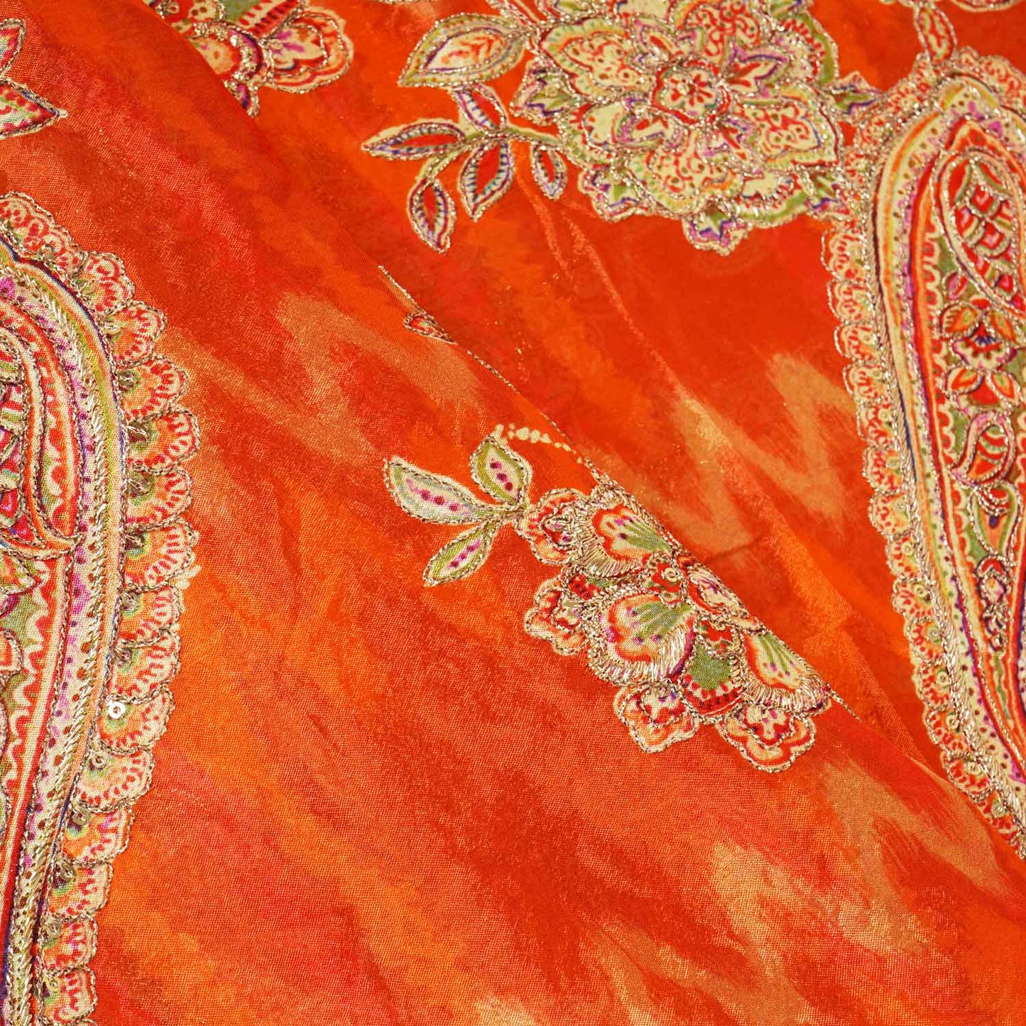 Orange Position Print Zari Embroidery Chinnon Fabric NF-28013