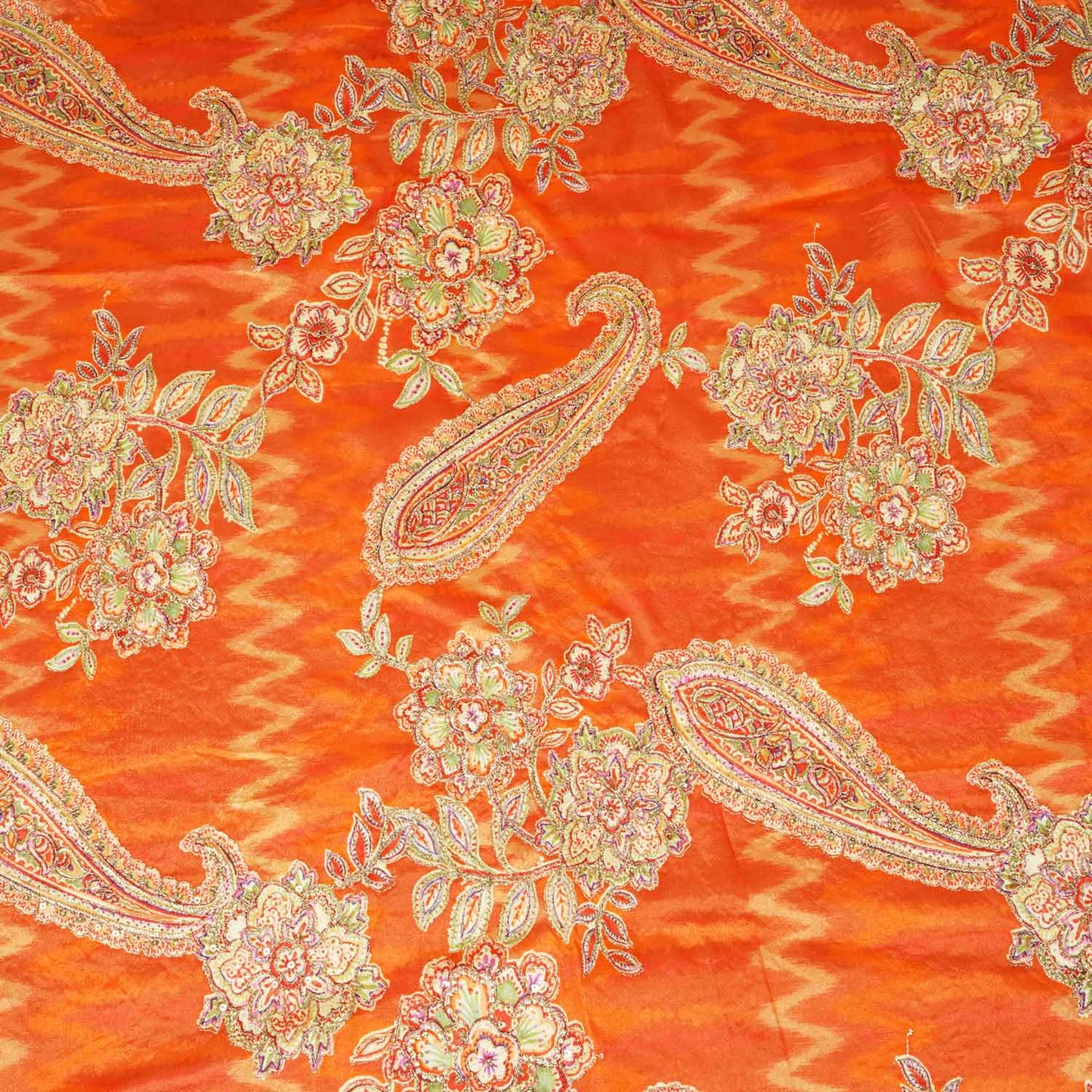 Orange Position Print Zari Embroidery Chinnon Fabric NF-28013