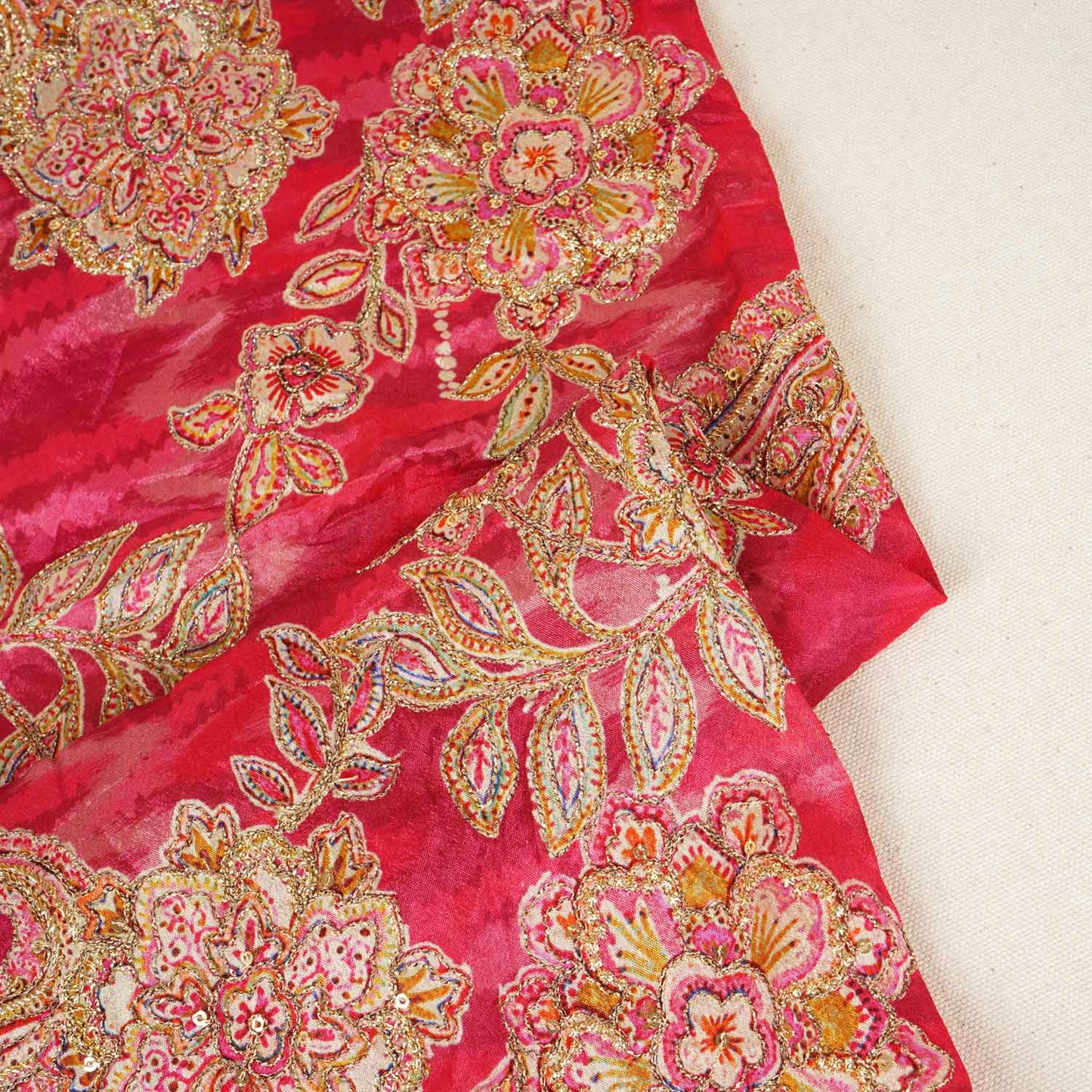 Magenta Pink Position Print Zari Embroidery Chinnon Fabric NF-28014