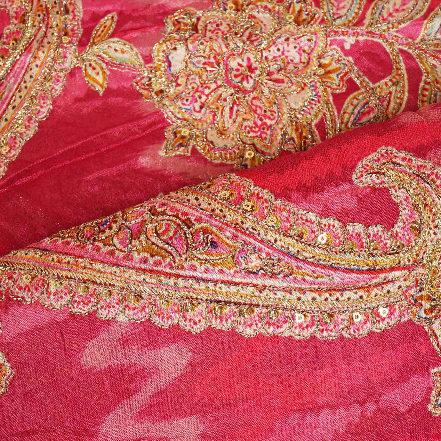 Magenta Pink Position Print Zari Embroidery Chinnon Fabric NF-28014