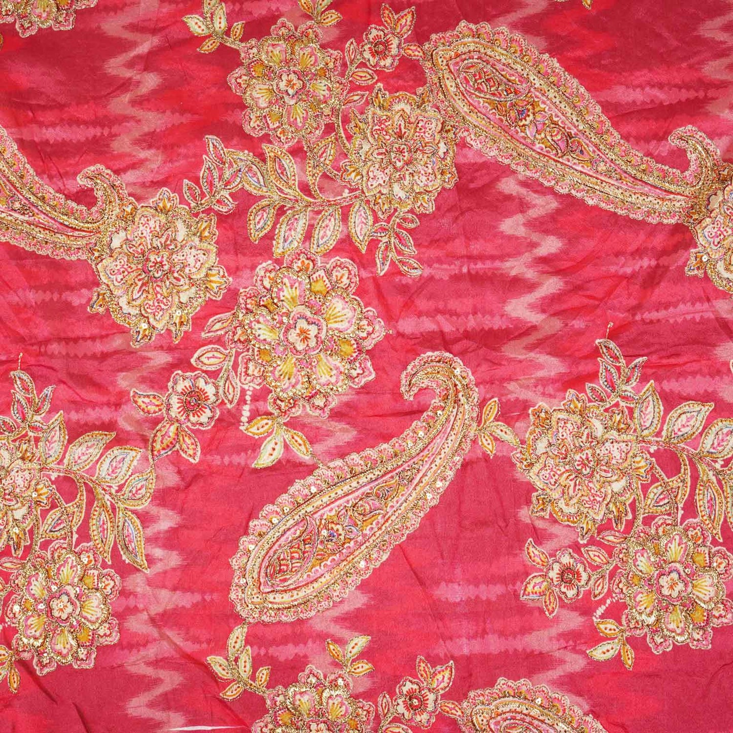 Magenta Pink Position Print Zari Embroidery Chinnon Fabric NF-28014