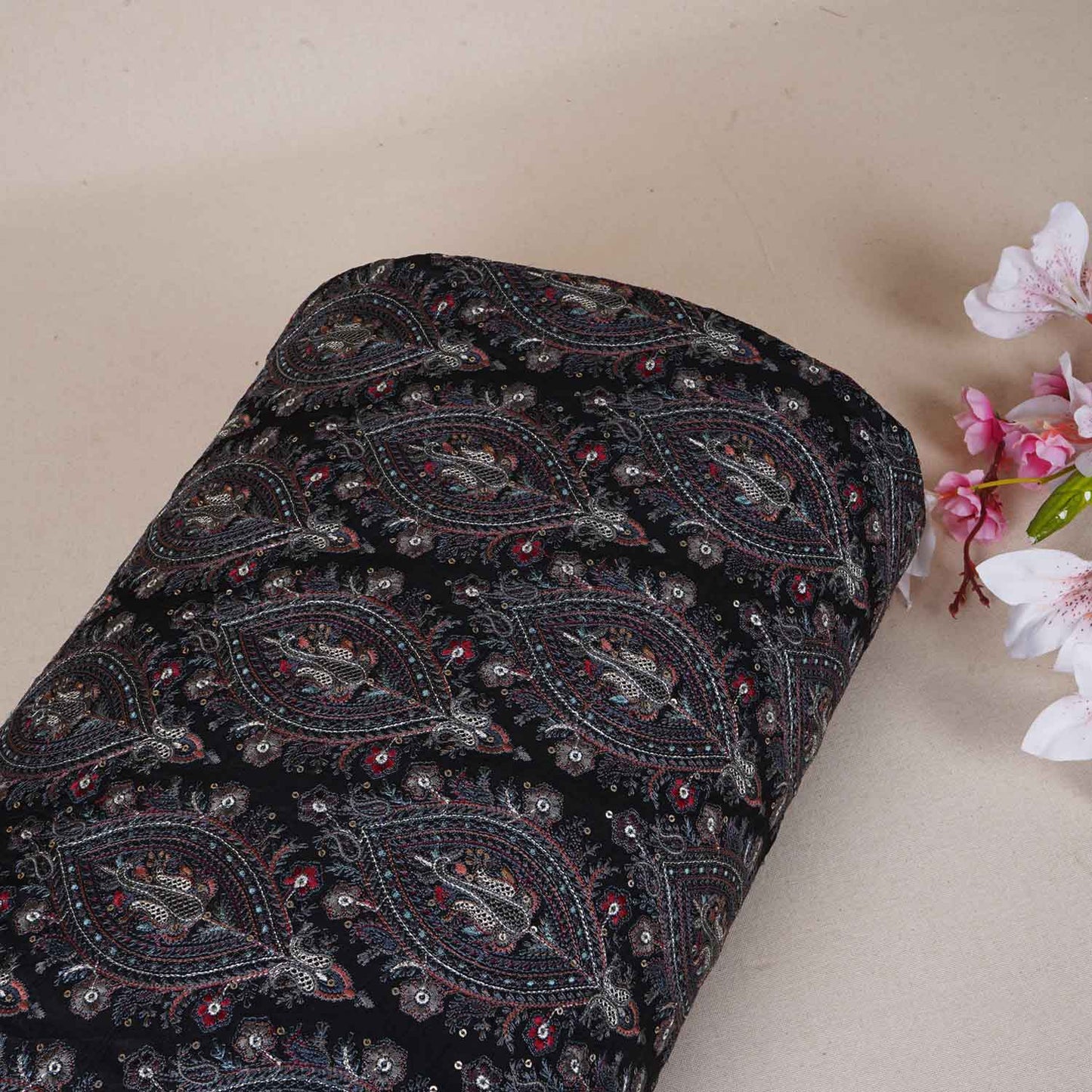 Black Kashmiri Embroidery Raw Silk Fabric DRAJ-28023