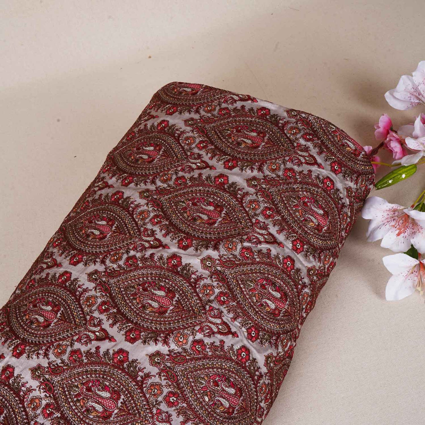 Beige Kashmiri Embroidery Raw Silk Fabric DRAJ-28024