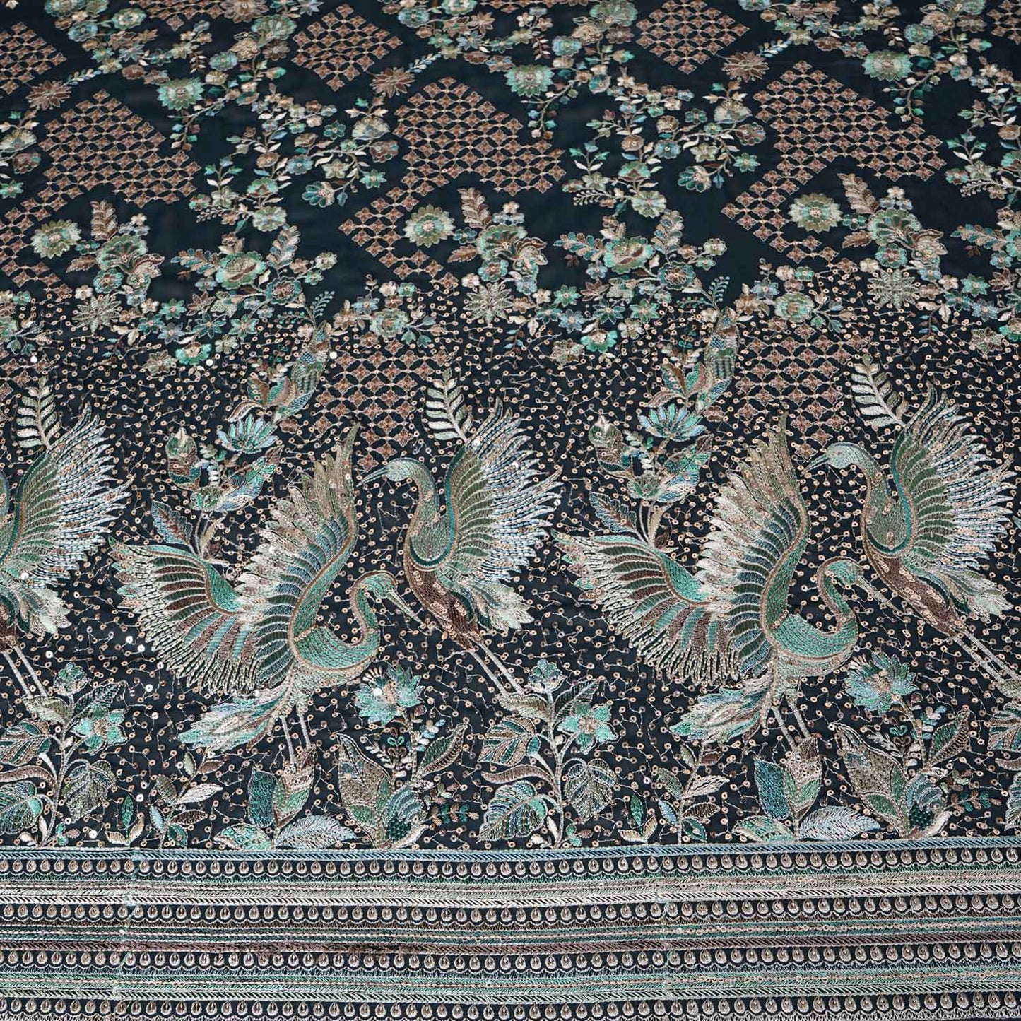 Dark Green Parsi Gara Embroidery Georgette Fabric DR-28030
