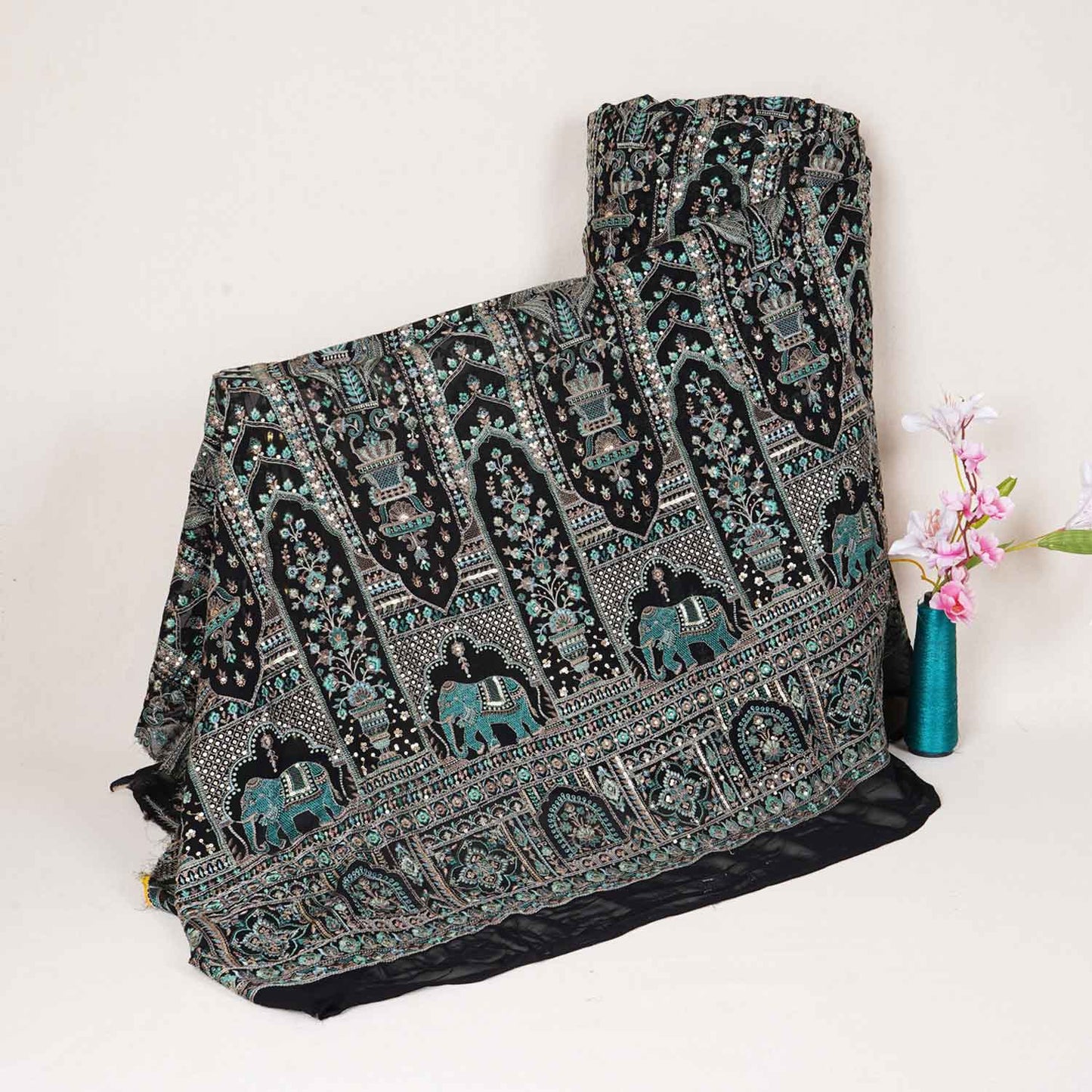 Black Traditional Zari Embroidery Georgette Fabric DRAJ-28035