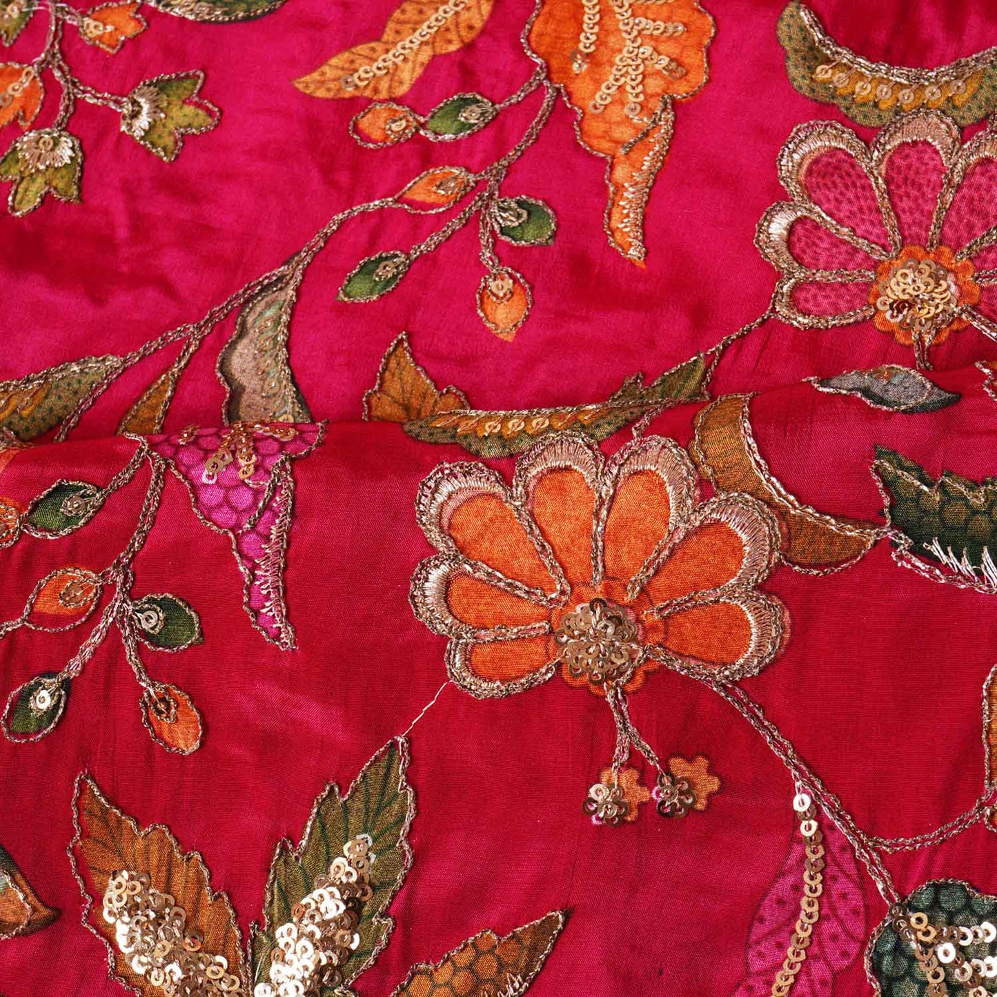 Magenta Pink Floral Position Zari Embroidery Crepe Fabric VC-28036