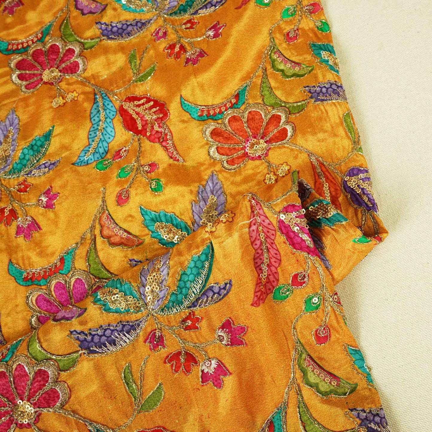 Mustard Floral Position Zari Embroidery Crepe Fabric VC-28037