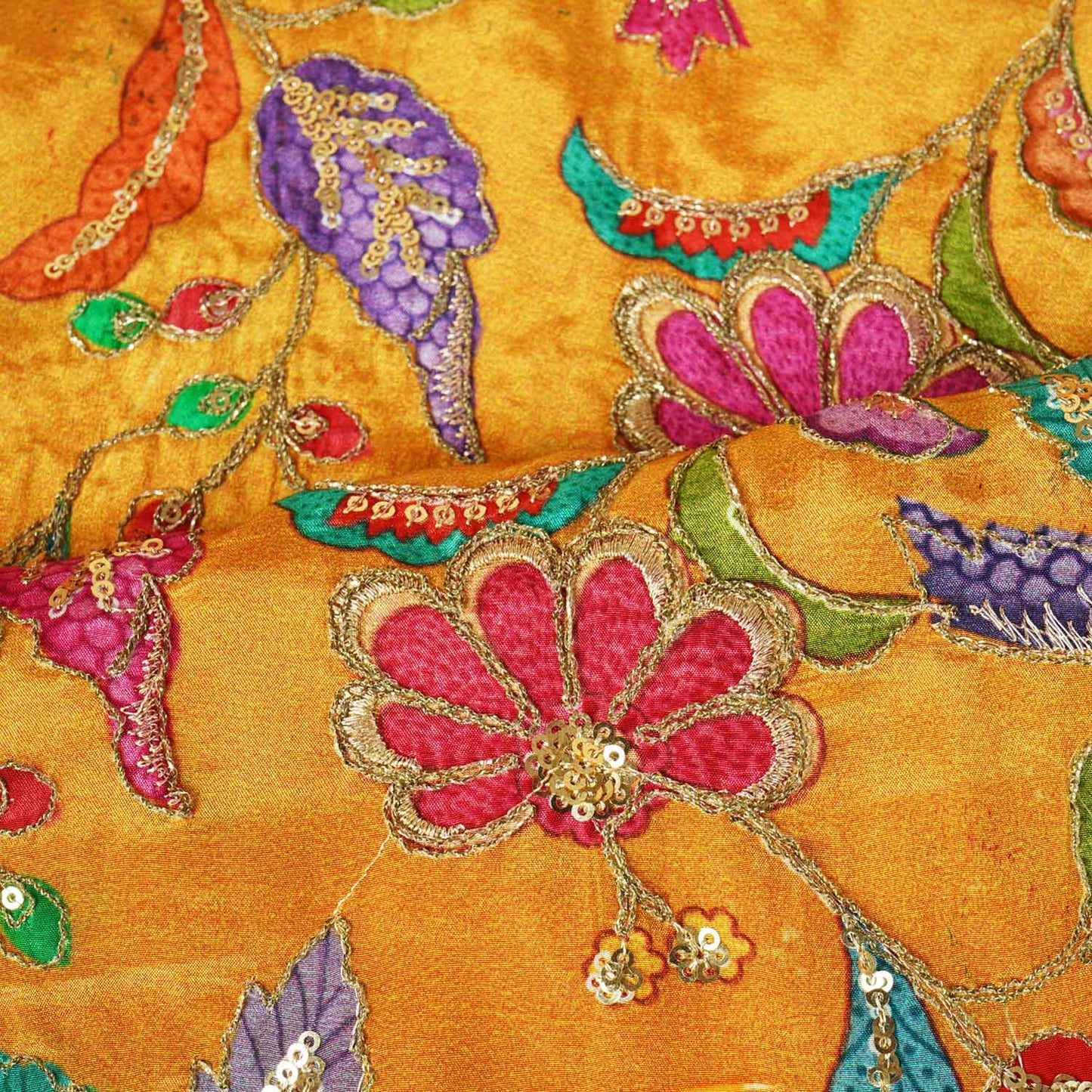 Mustard Floral Position Zari Embroidery Crepe Fabric VC-28037