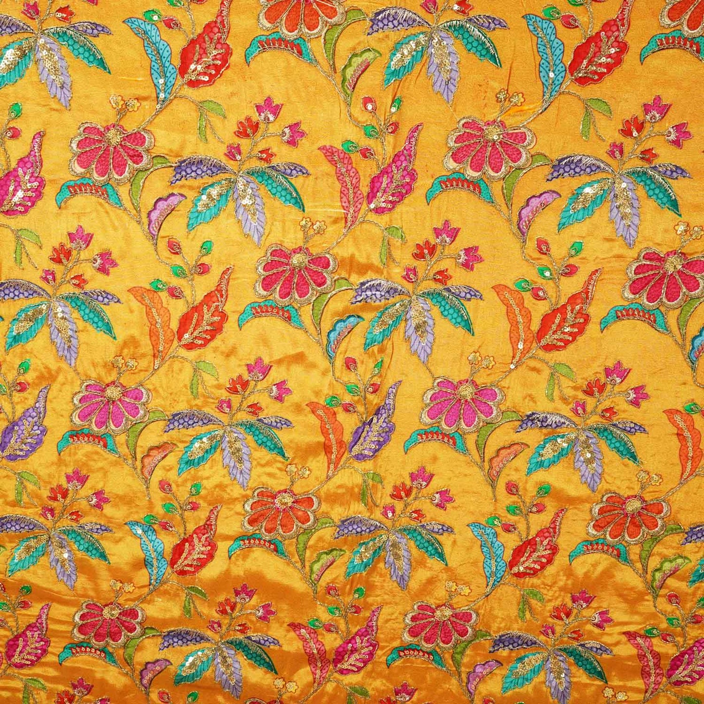Mustard Floral Position Zari Embroidery Crepe Fabric VC-28037