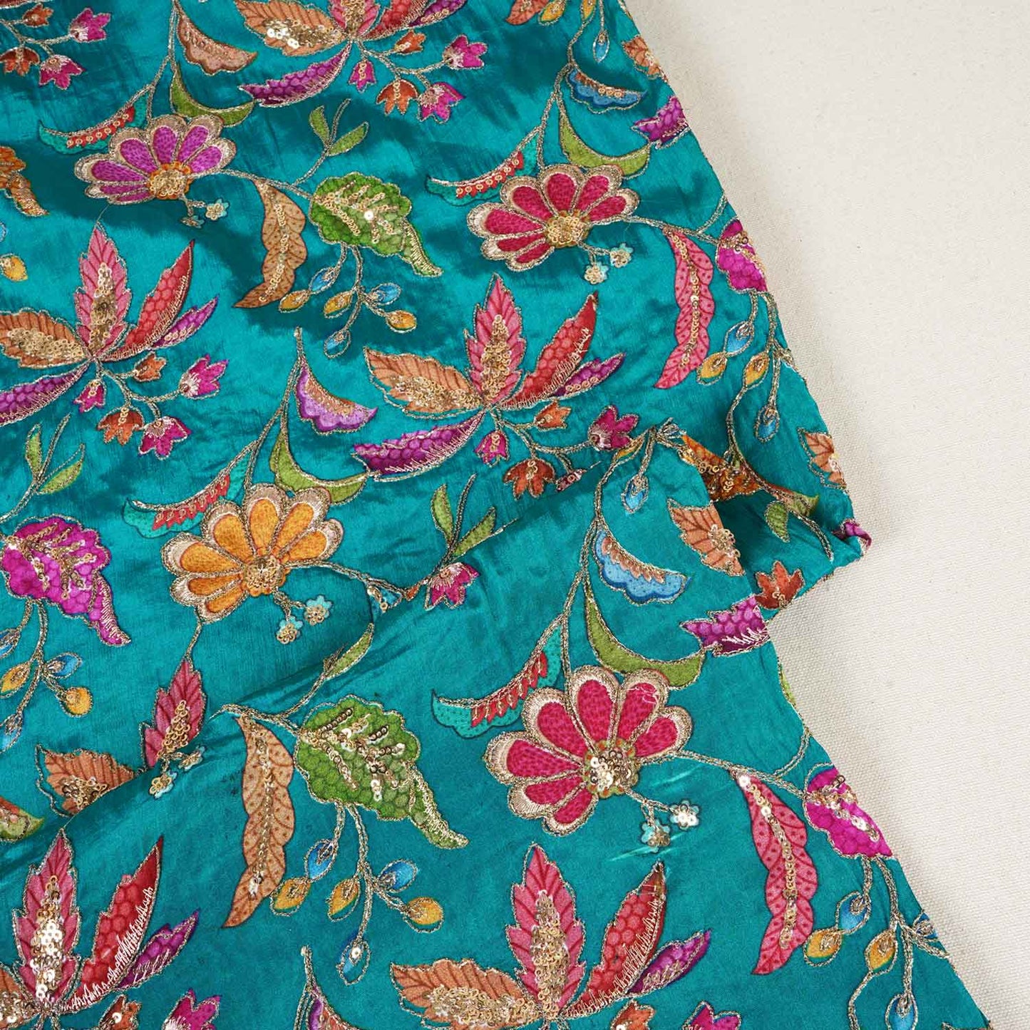 Teal Green Floral Position Zari Embroidery Crepe Fabric VC-28038
