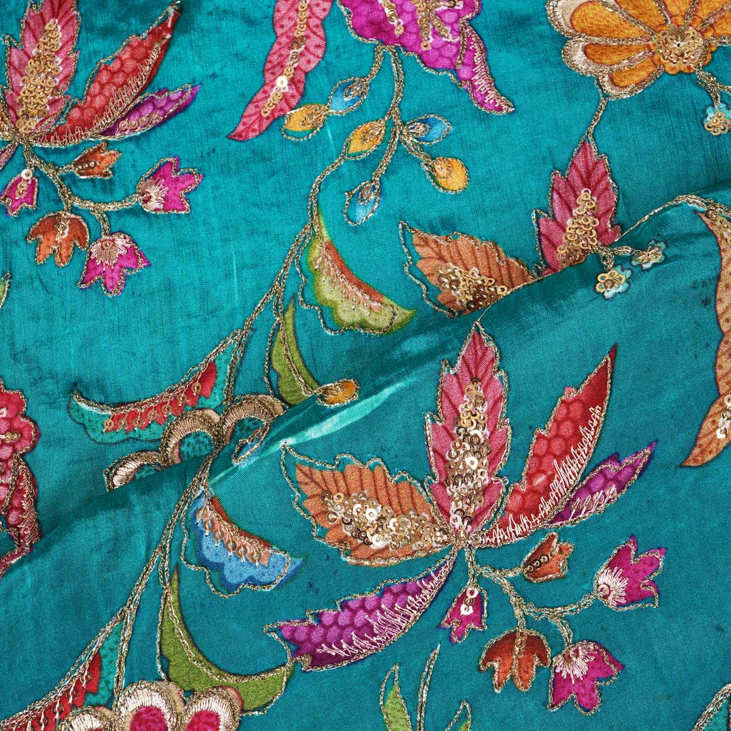 Teal Green Floral Position Zari Embroidery Crepe Fabric VC-28038
