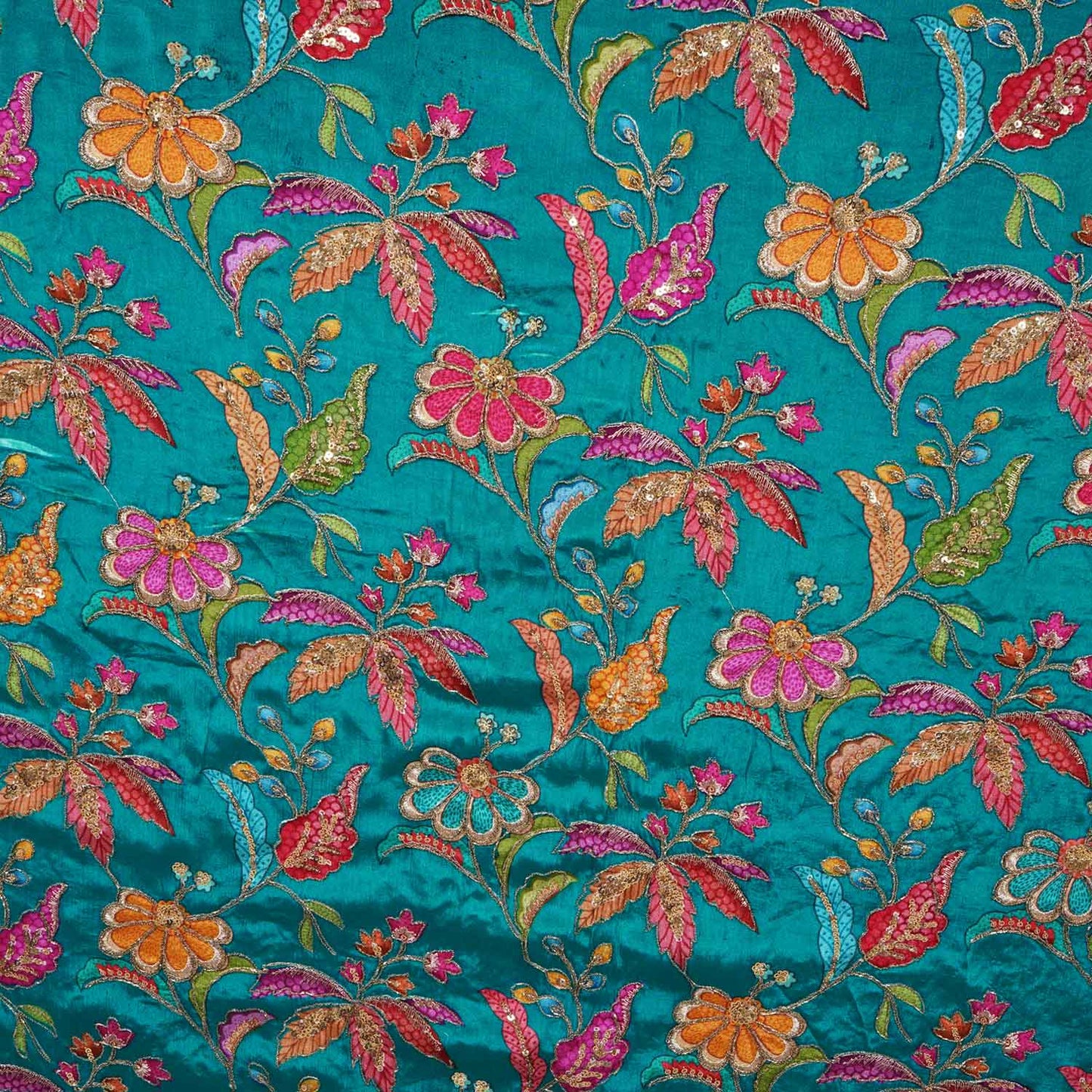 Teal Green Floral Position Zari Embroidery Crepe Fabric VC-28038