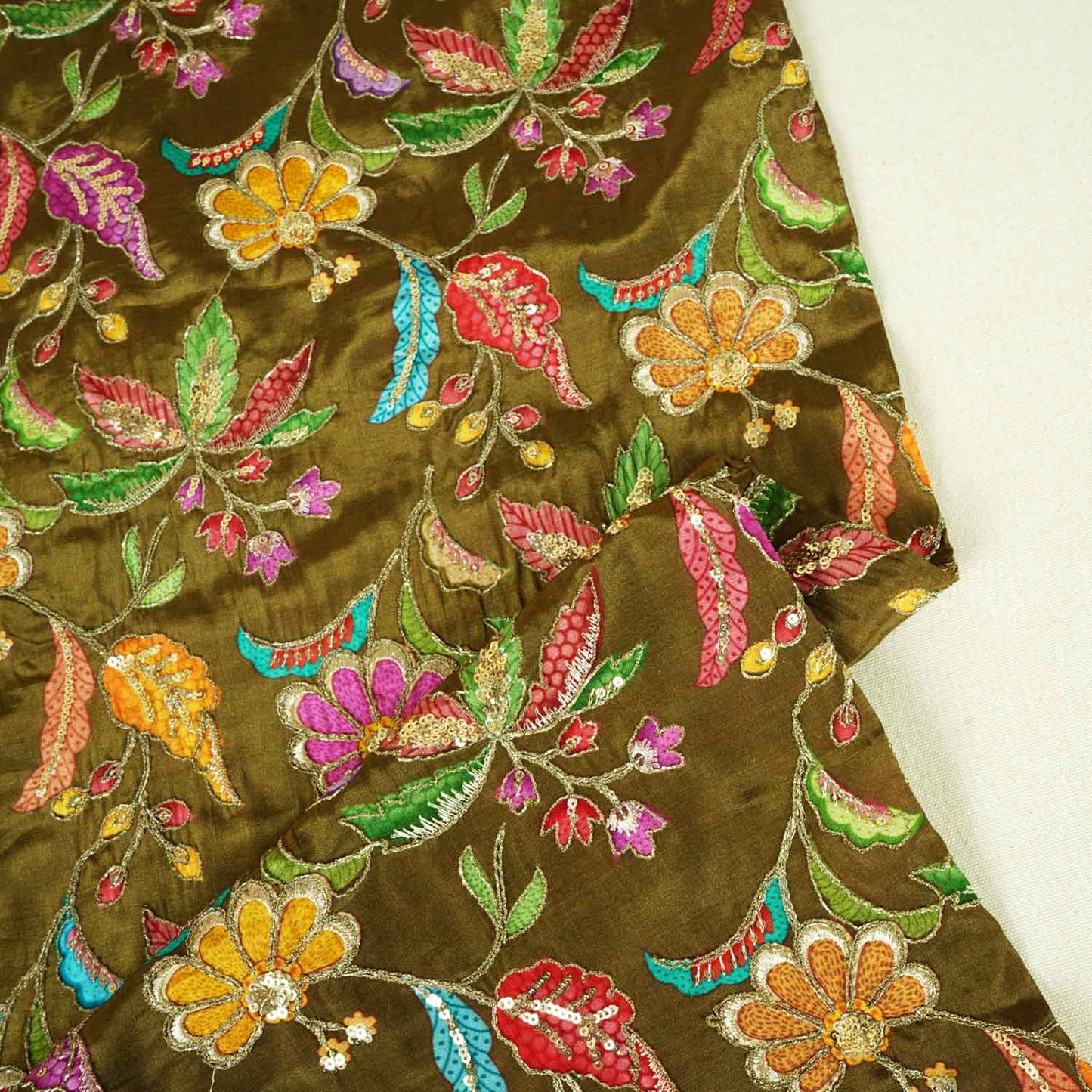 Mehndi Green Floral Position Zari Embroidery Crepe Fabric VC-28039