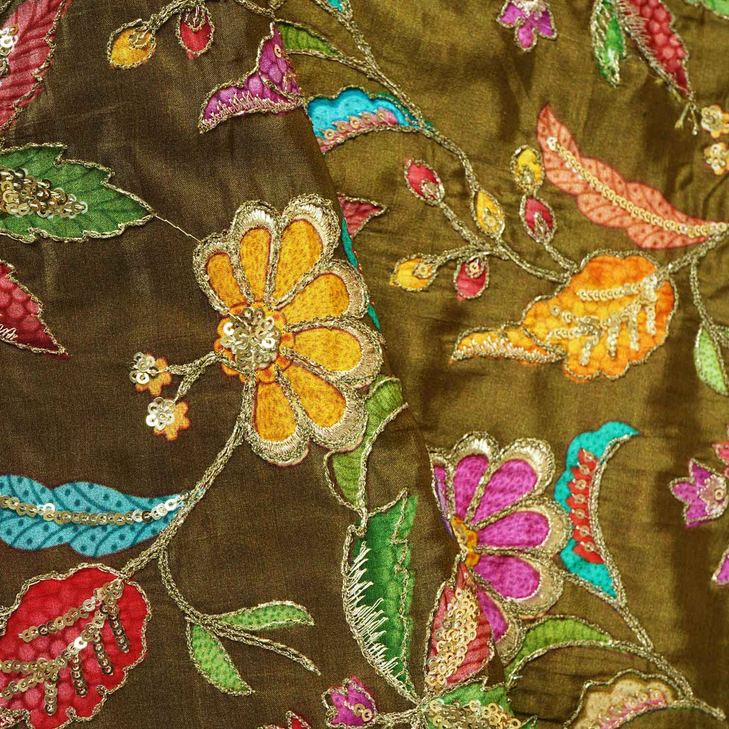 Mehndi Green Floral Position Zari Embroidery Crepe Fabric VC-28039