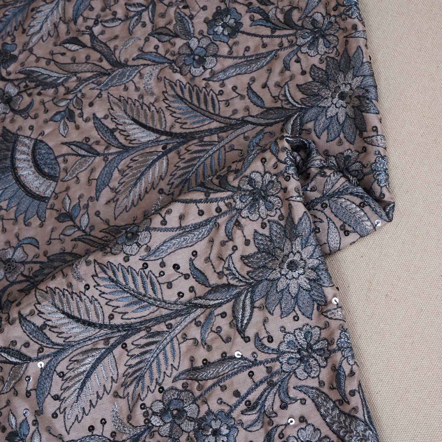 Beige & Blue Parsi gara embroidery Raw Silk Fabric DRAJ-28040