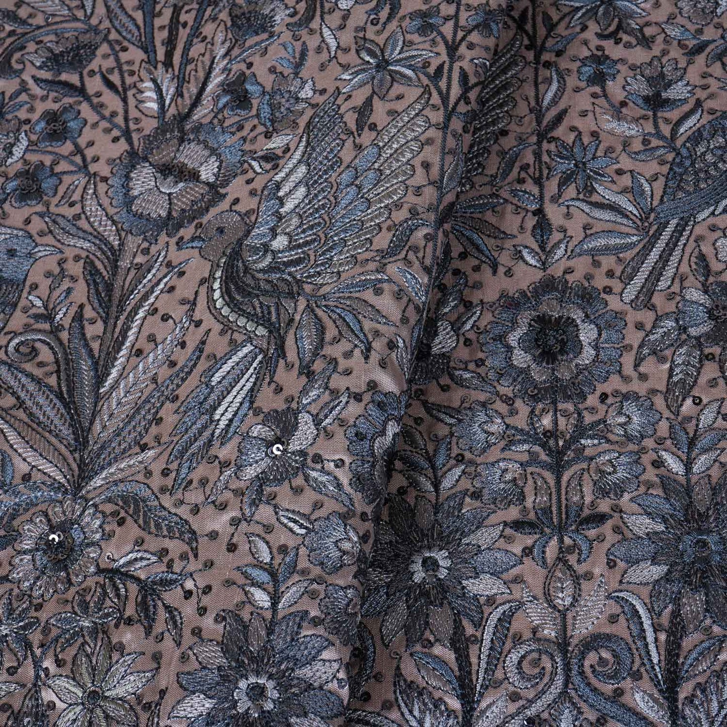 Beige & Blue Parsi gara embroidery Raw Silk Fabric DRAJ-28040