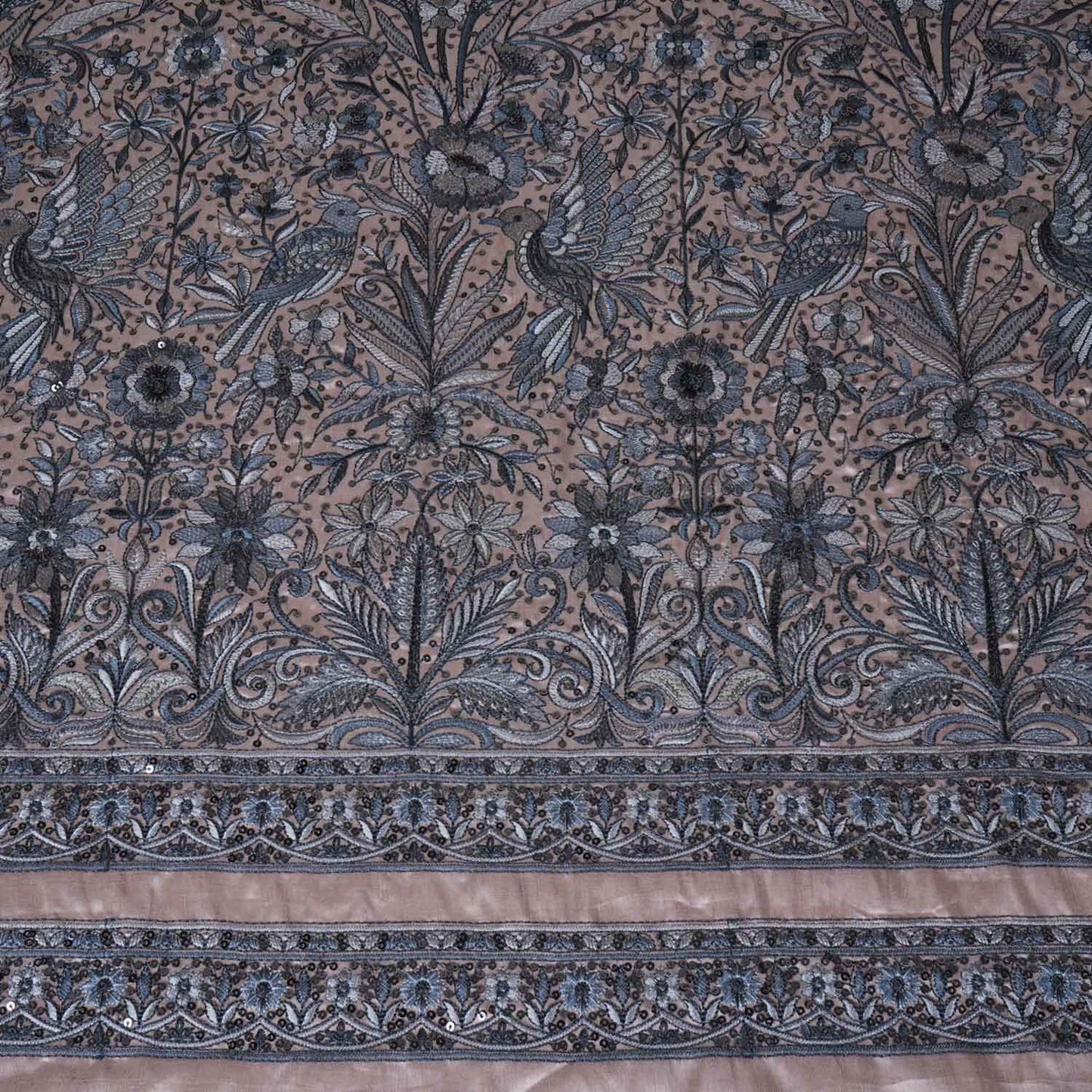 Beige & Blue Parsi gara embroidery Raw Silk Fabric DRAJ-28040