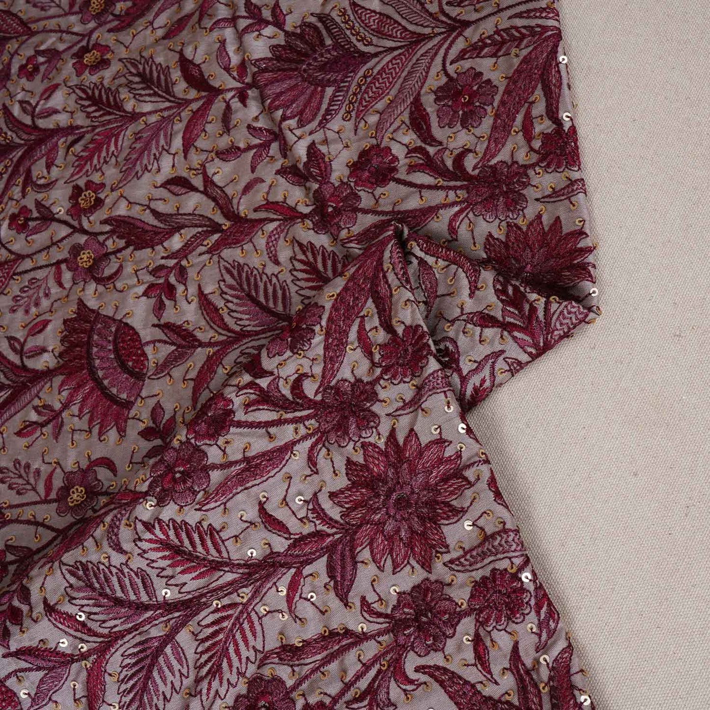 Beige & Pink Parsi gara embroidery Raw Silk Fabric DRAJ-28041