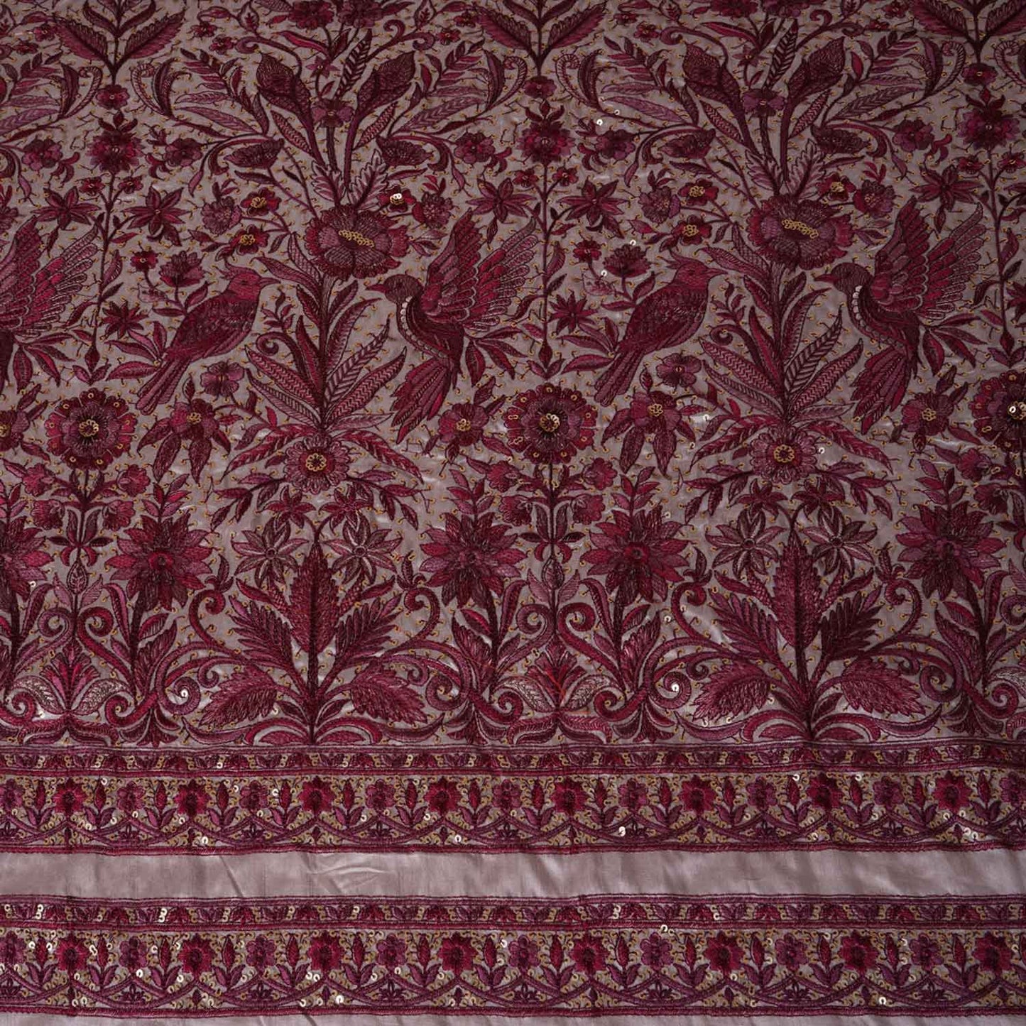 Beige & Pink Parsi gara embroidery Raw Silk Fabric DRAJ-28041
