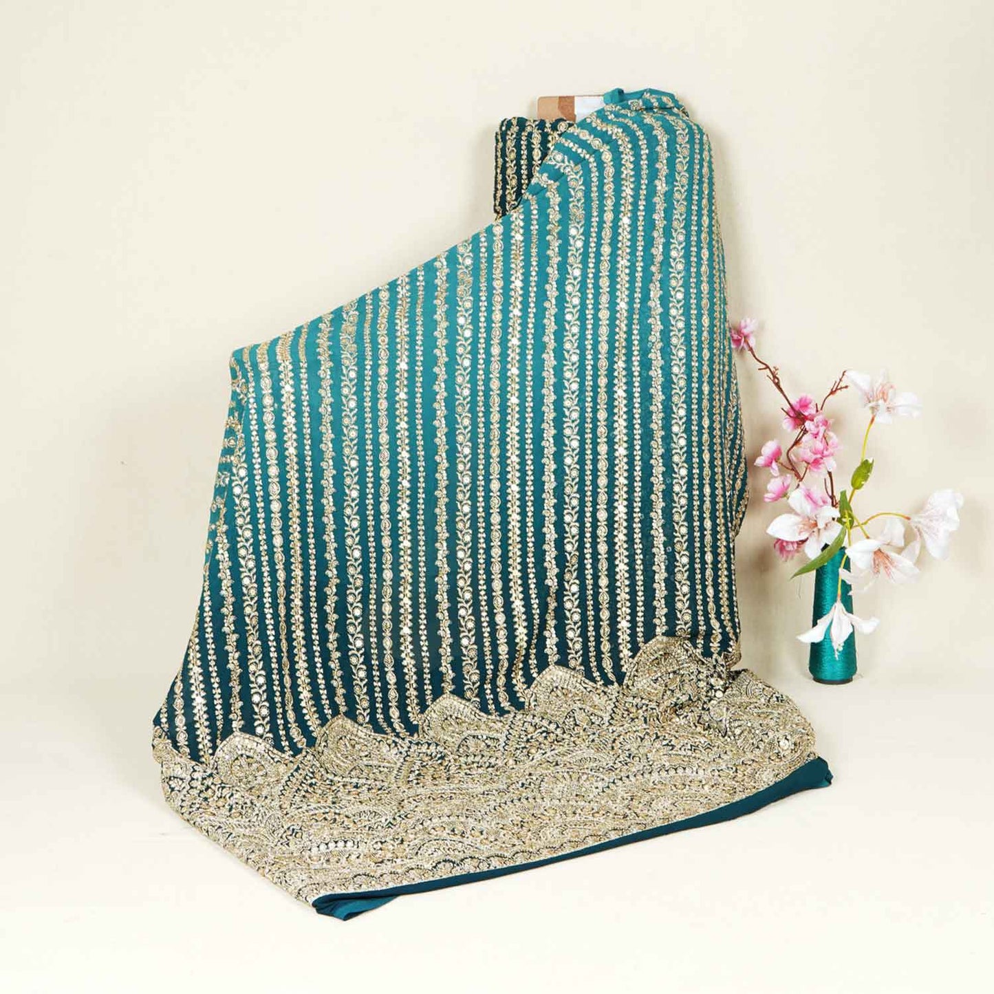 Teal Green Shaded Sabyasachi Zari Embroidery Georgette Fabric DRAJ-28084