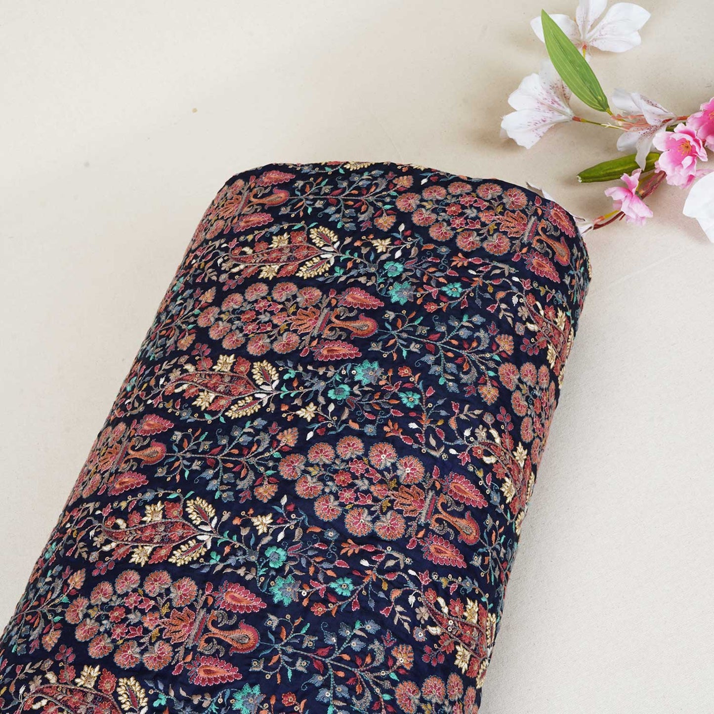 Navy Blue Floral Embroidery Tusser Silk Fabric DRAJ-28185