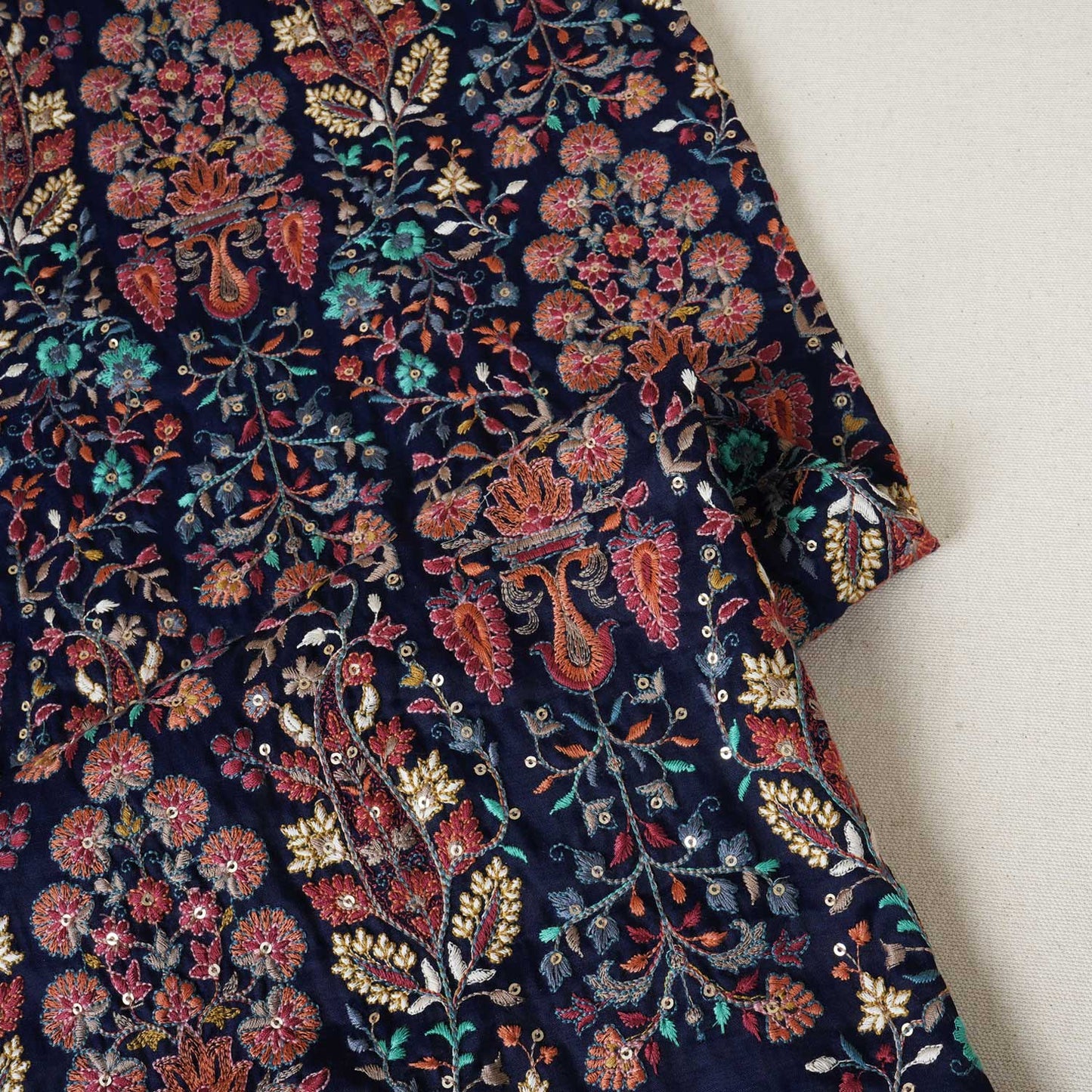 Navy Blue Floral Embroidery Tusser Silk Fabric DRAJ-28185