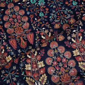 Navy Blue Floral Embroidery Tusser Silk Fabric DR-28185 - TradeUNO