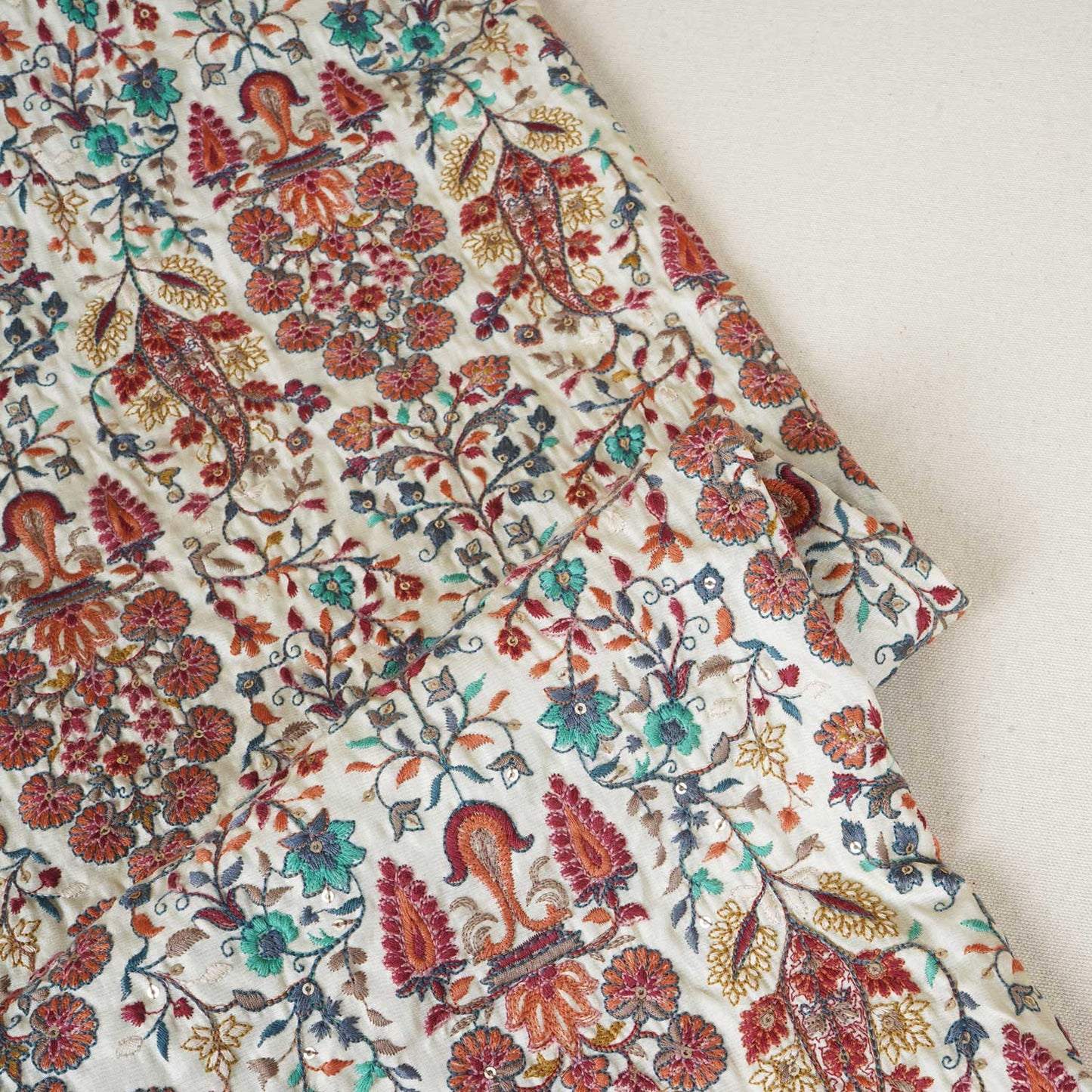 Dark Cream Floral Embroidery Tusser Silk Fabric DRAJ-28186