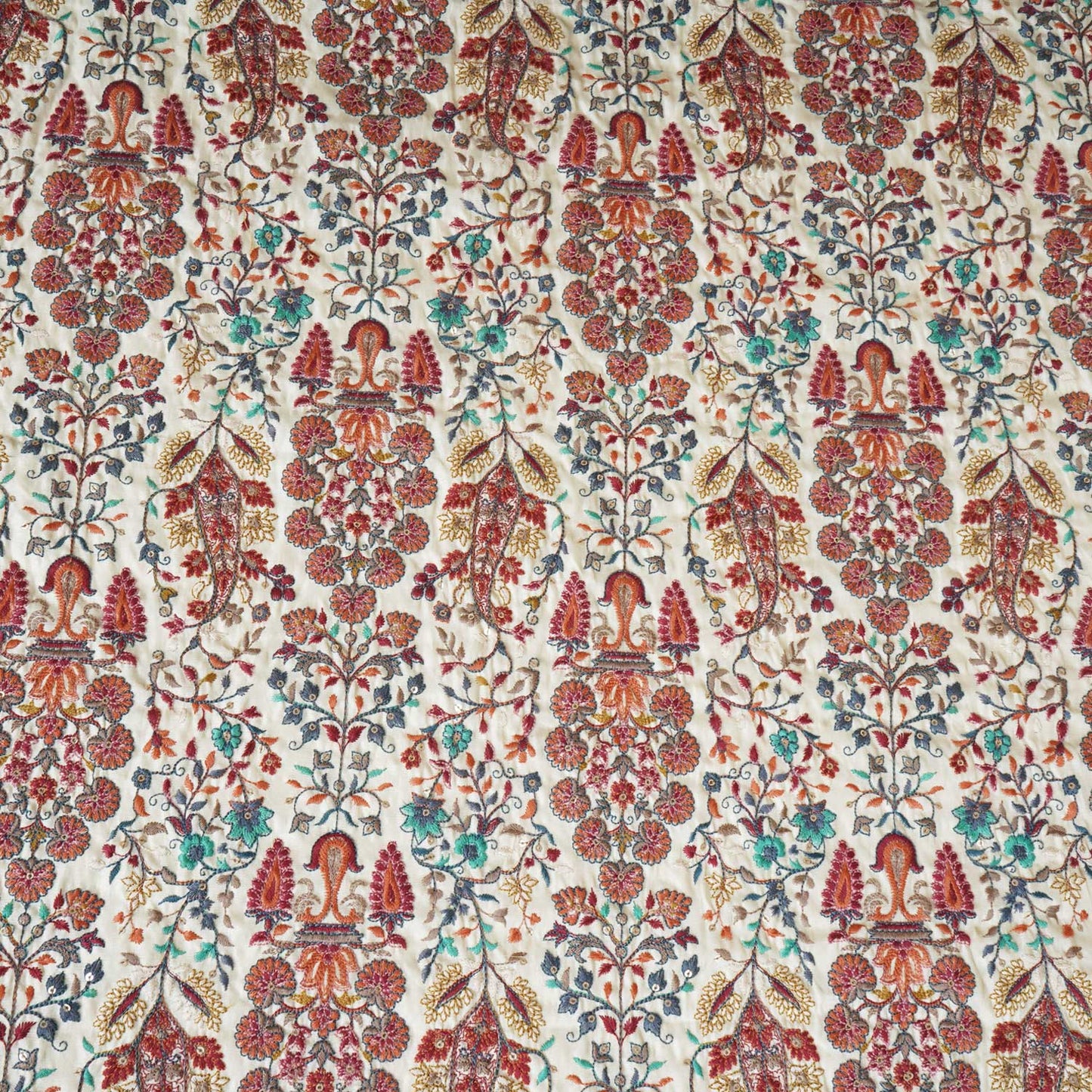 Dark Cream Floral Embroidery Tusser Silk Fabric DRAJ-28186