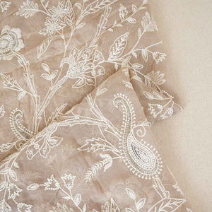 Beige Floral Thread Sequins Embroidery Chikankari Georgette Fabric DR-28284 - TradeUNO