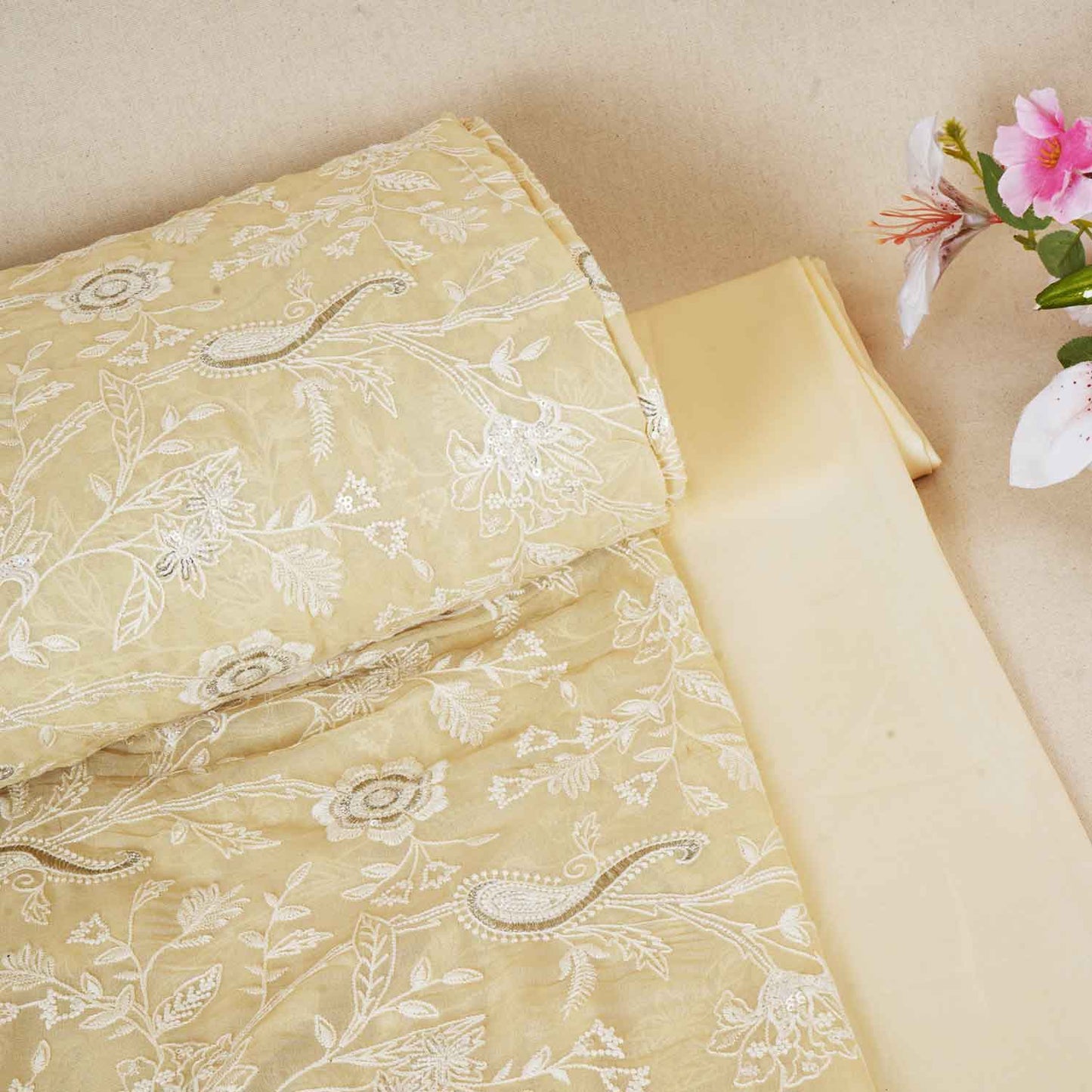 Lemon Yellow Floral Thread Sequins Embroidery Chikankari Georgette Fabric DRAJ-28285