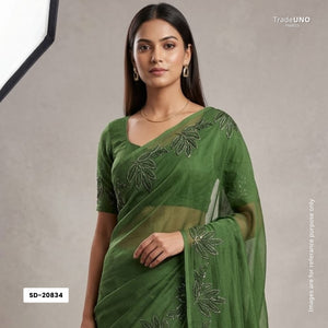 Olive Green Cutdana Embroidery Organza Fabric SD-20834 - TradeUNO