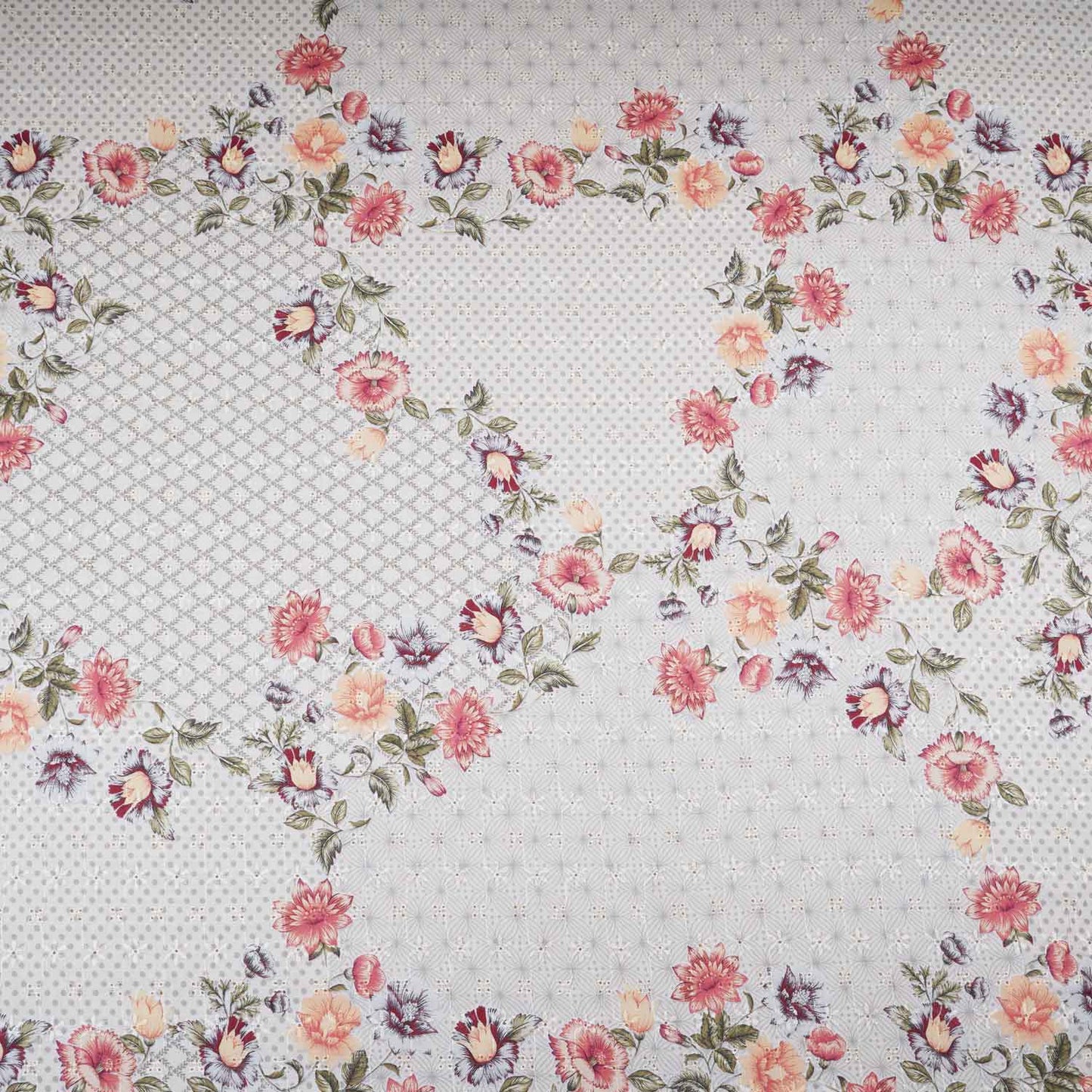 Cream Floral Print Cotton Schiffli Fabric MT-29225