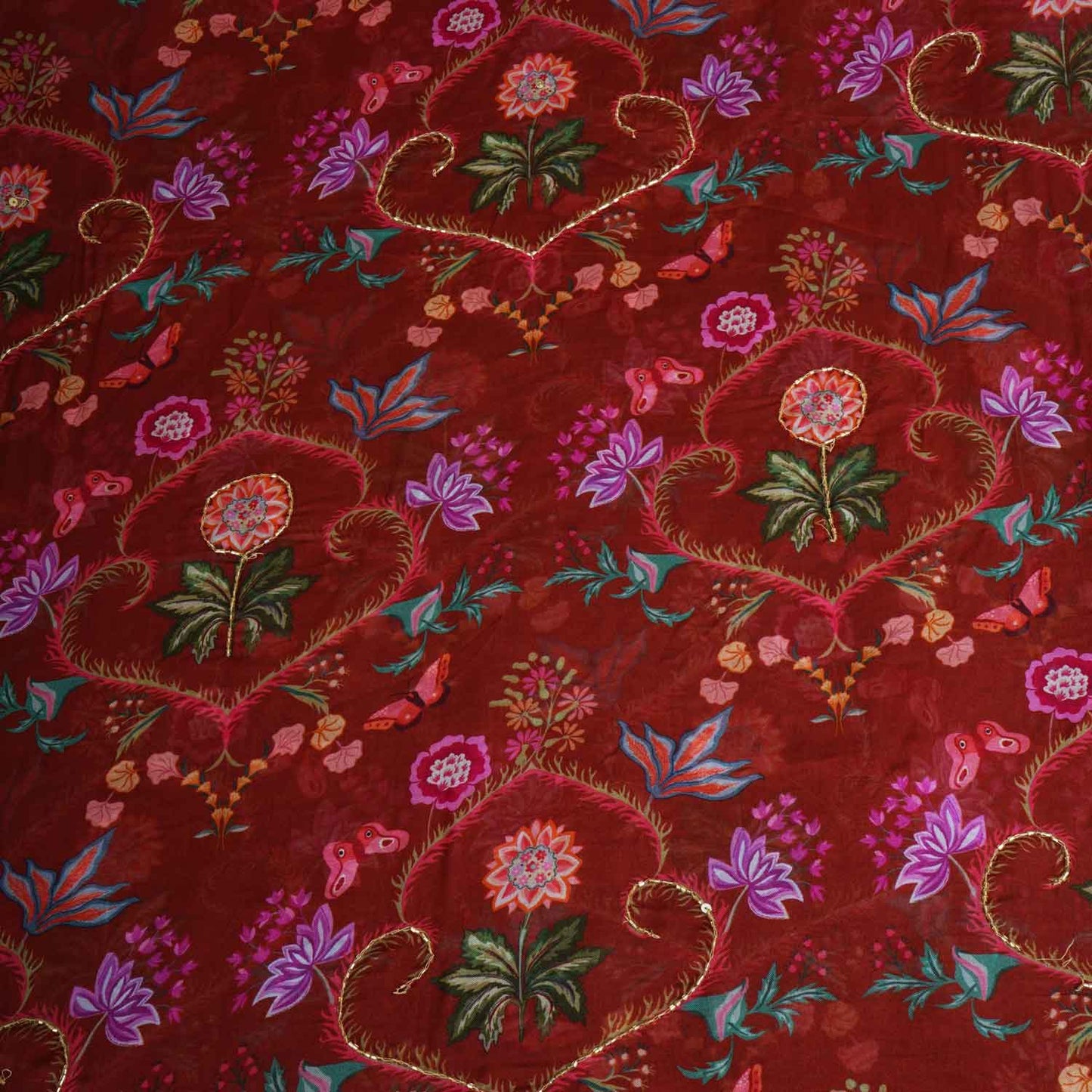 Brown Cutdana Hand Work Floral Print Organza Fabric MT-28293