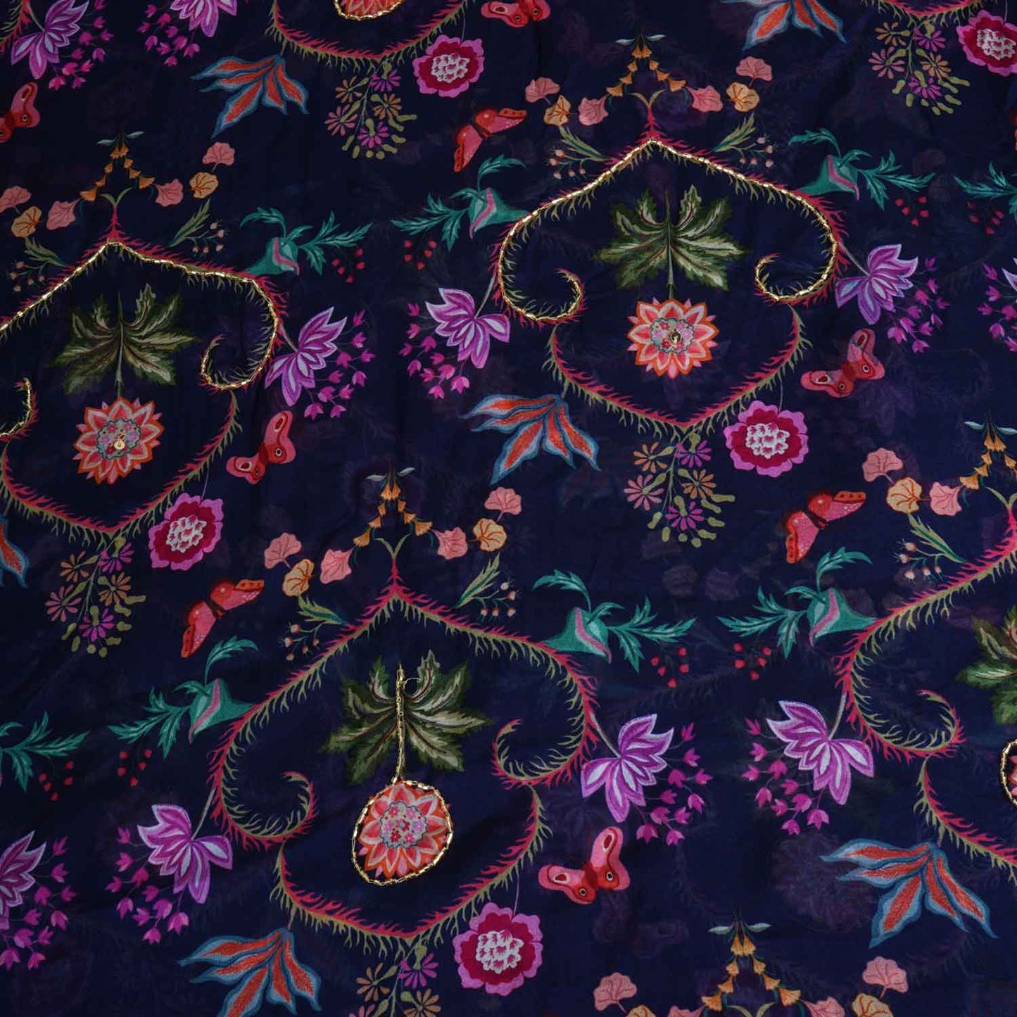 Navy Blue Cutdana Work Floral Print Organza Fabric MT-28294