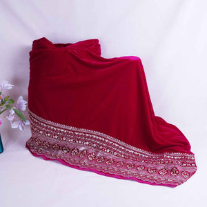 Magenta Pink Border Work Cutdana Micro Velvet 9000 Fabric SC-28297 - TradeUNO