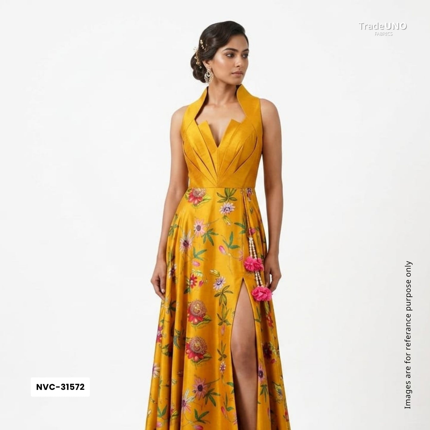 Mustard floral print Silk Satin Fabric NVC-31572
