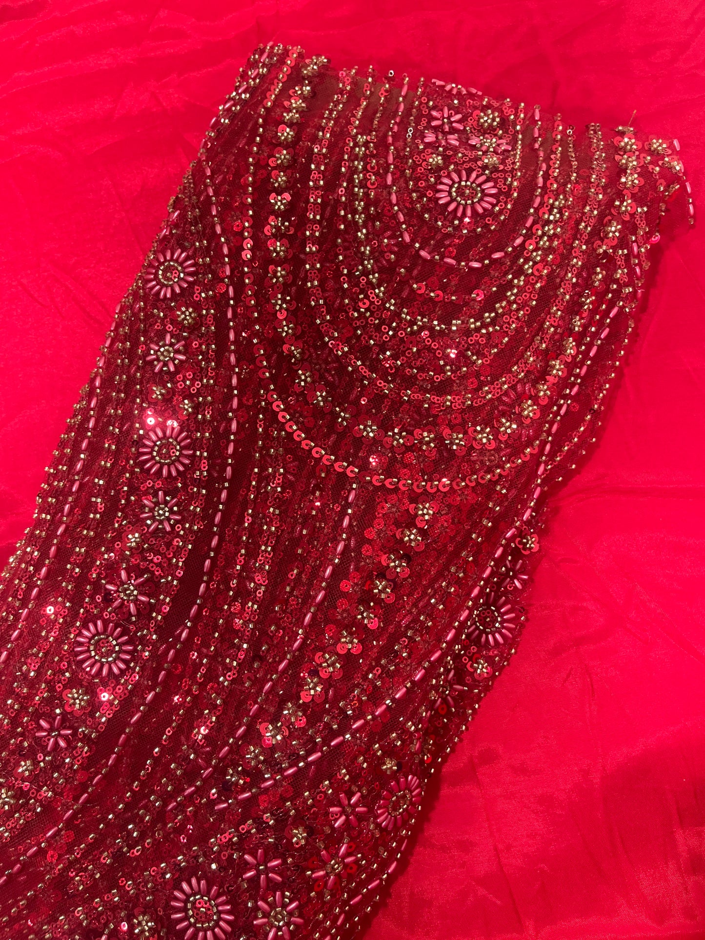 Red Floral Pearl Sequence Handwork Embroidery Net Fabric 14496