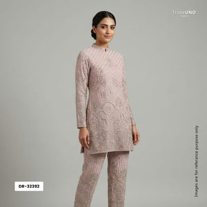 Peach Mughal Bird & Floral Jaal Embroidery Georgette Fabric DR-32392 - TradeUNO