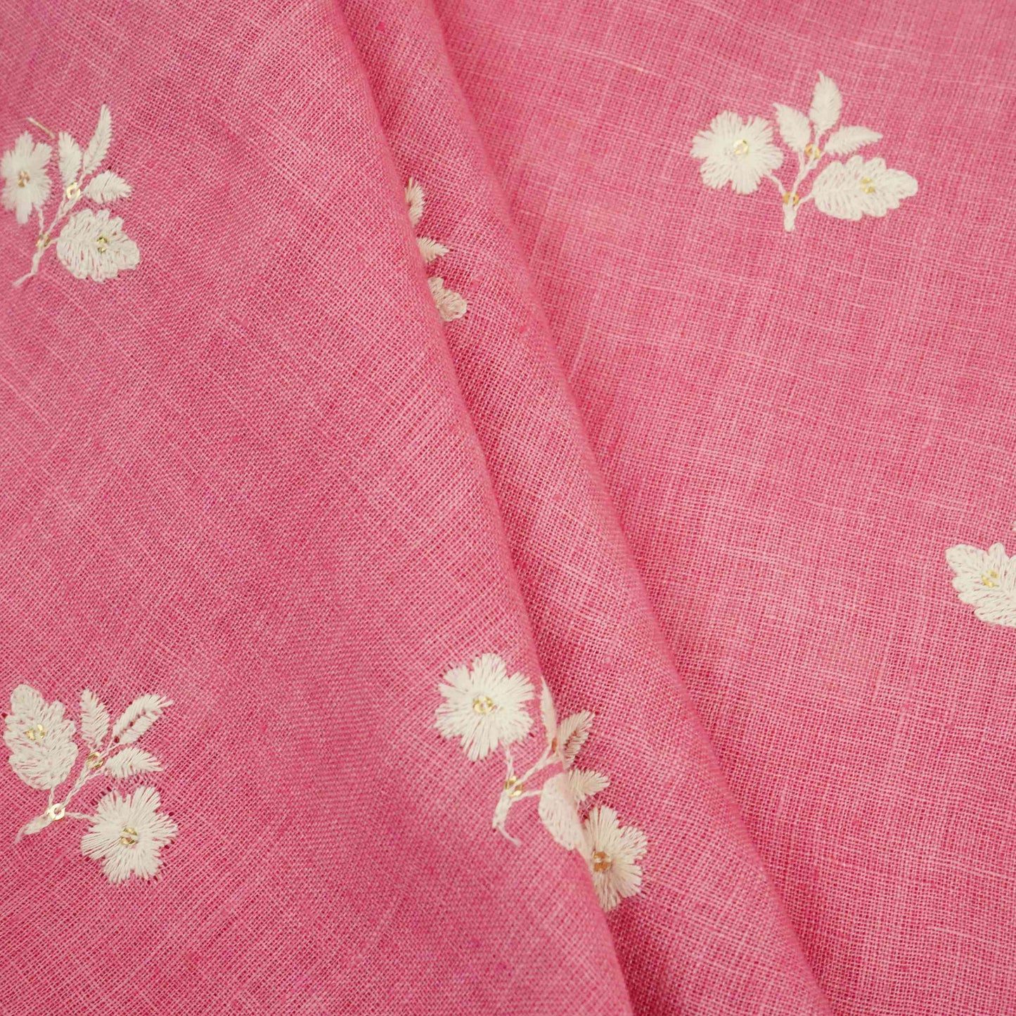 Rose Pink thread embroidery Pure Linen Fabric SN-31148