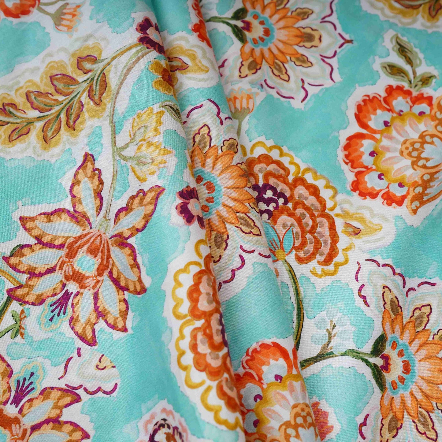 Aqua with Orange Floral Print Cotton Satin Fabric PG-30438
